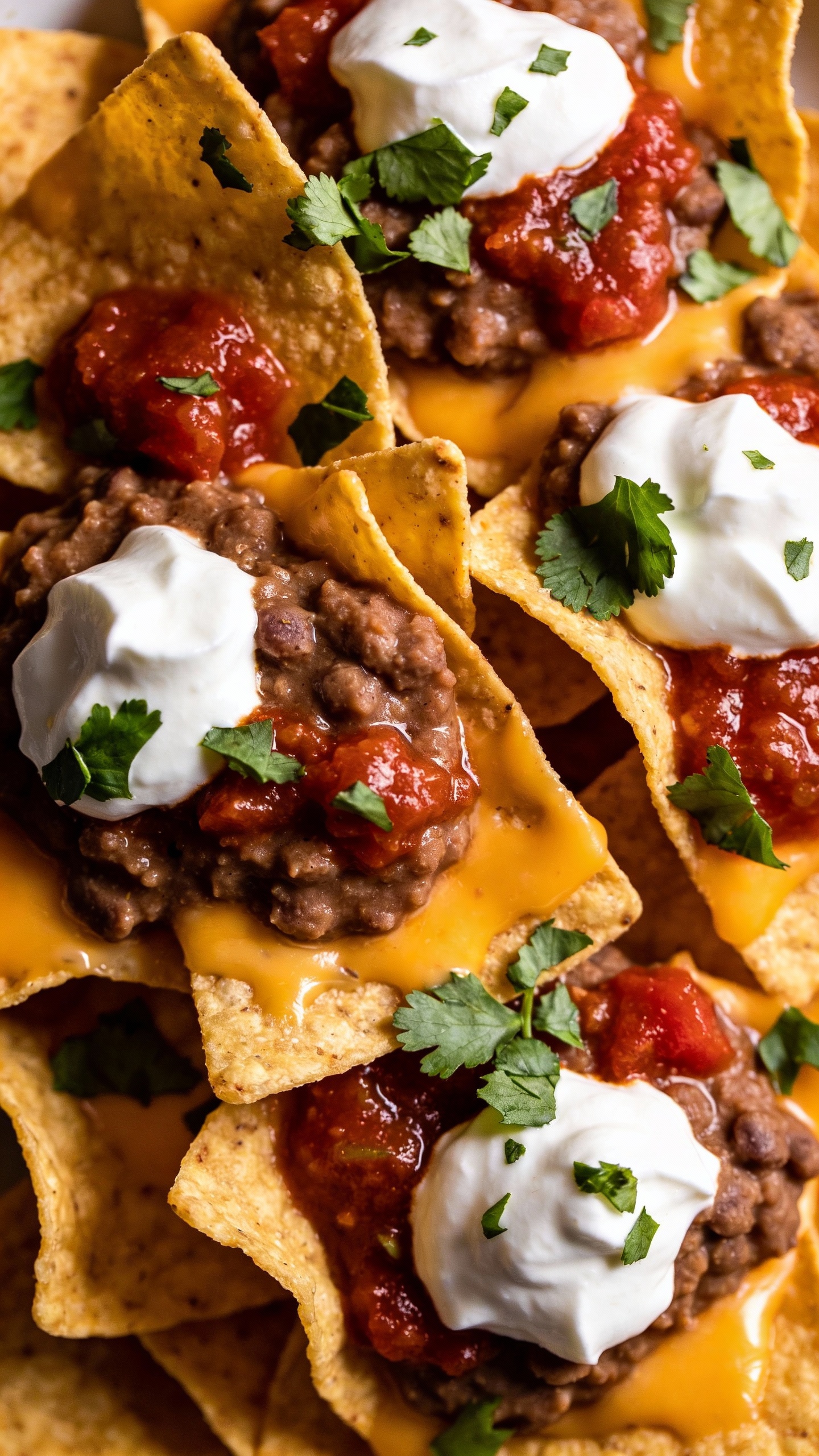 overhead shot loaded nachos with beans, salsa, and sour cream