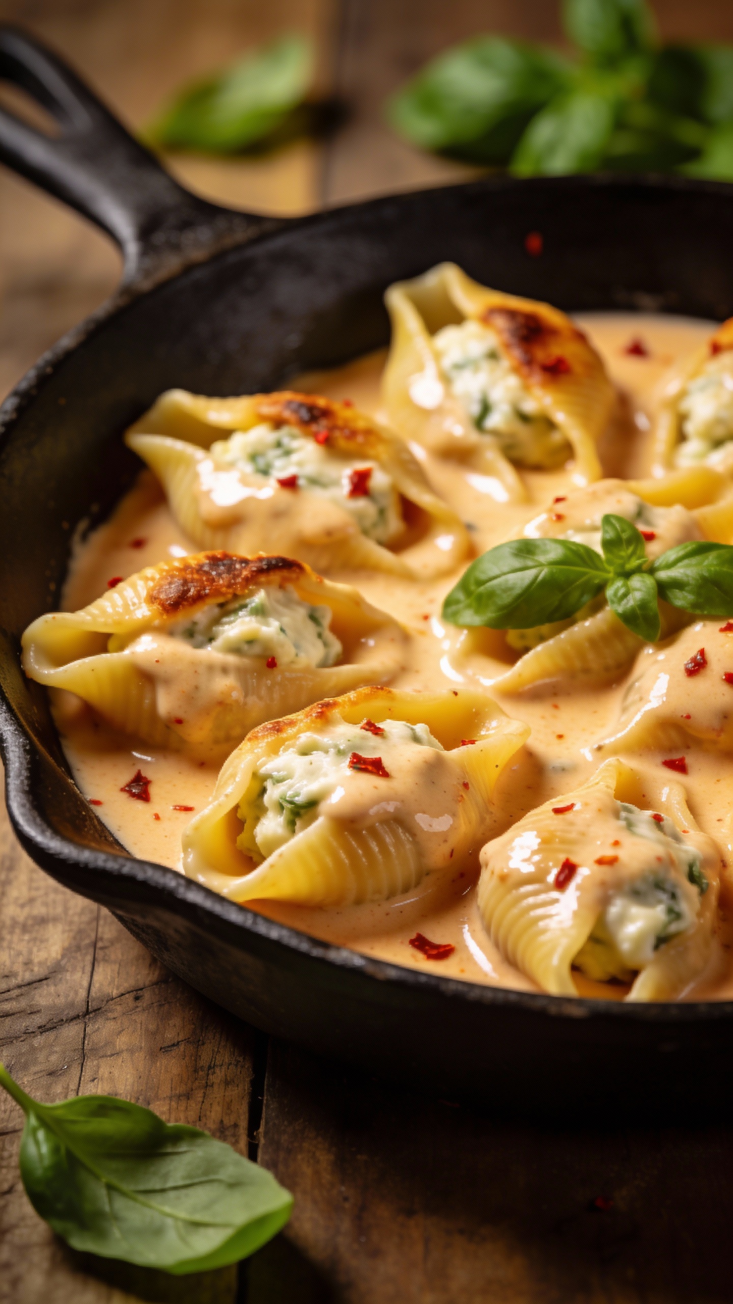 Ricotta-stuffed shells with vodka sauce in cast-iron skillet