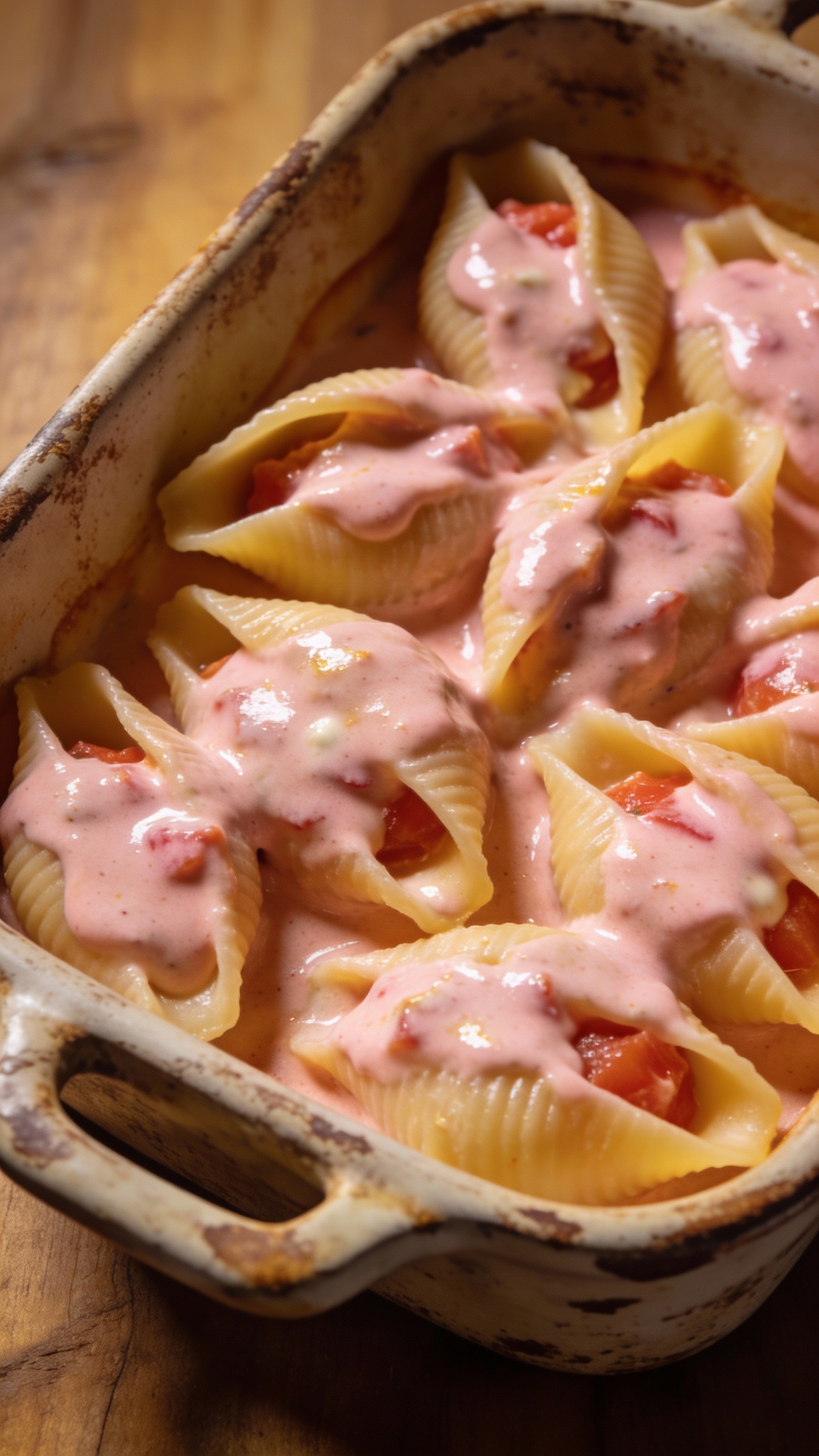 Pink vodka sauce over jumbo shells in rustic baking dish