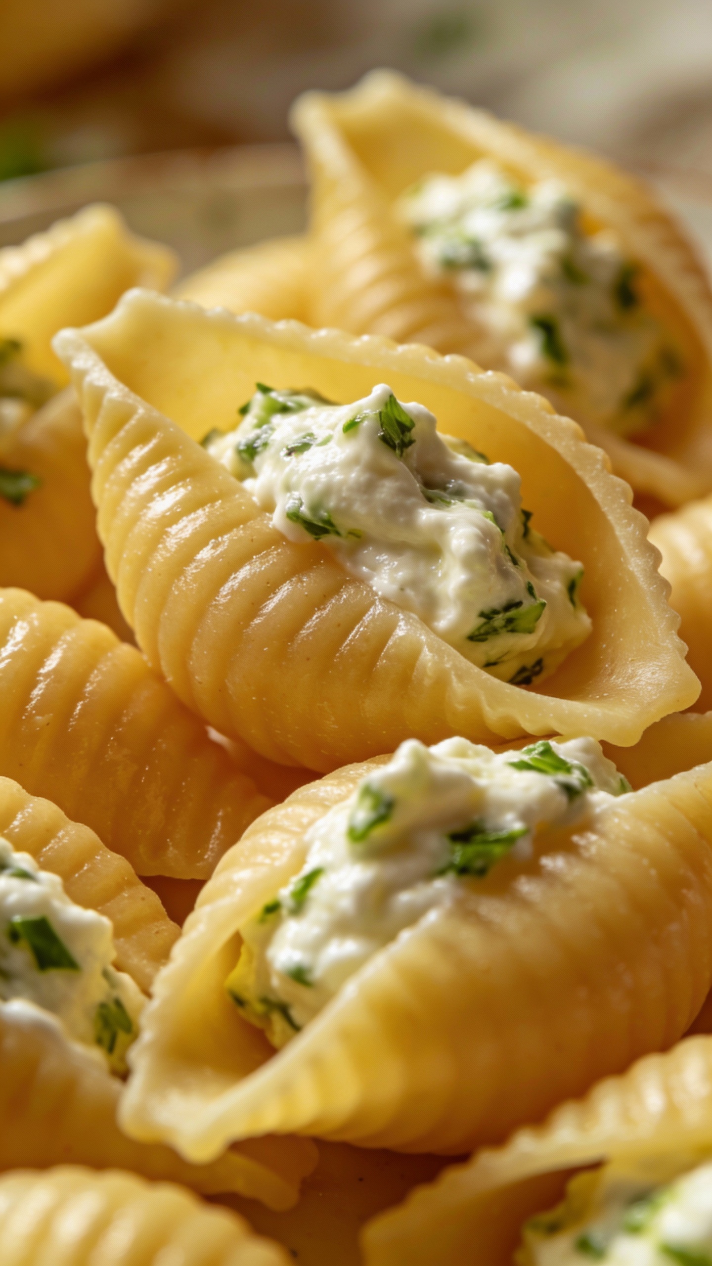 jumbo pasta shells stuffed with ricotta and herbs, close-up
