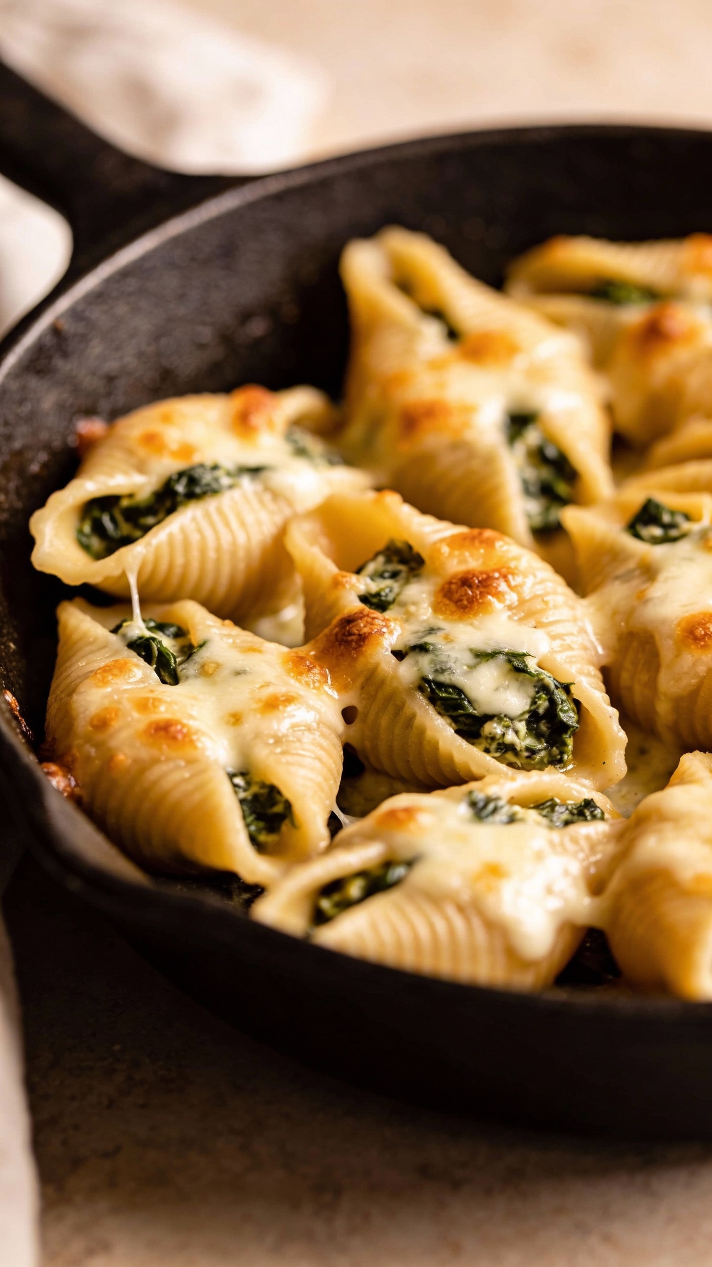 spinach-ricotta stuffed shells in skillet, melted mozzarella top