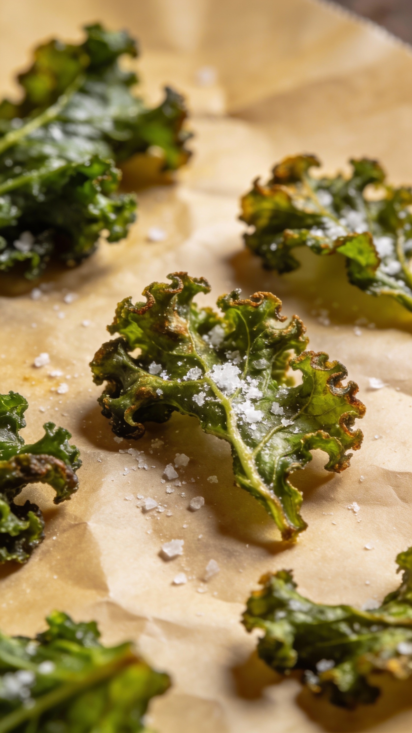 close-up salted curly kale chips on parchment, minimal styling