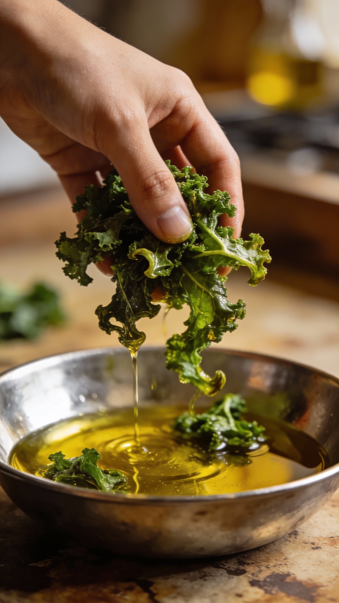 hand tossing dried kale with olive oil in metal bowl