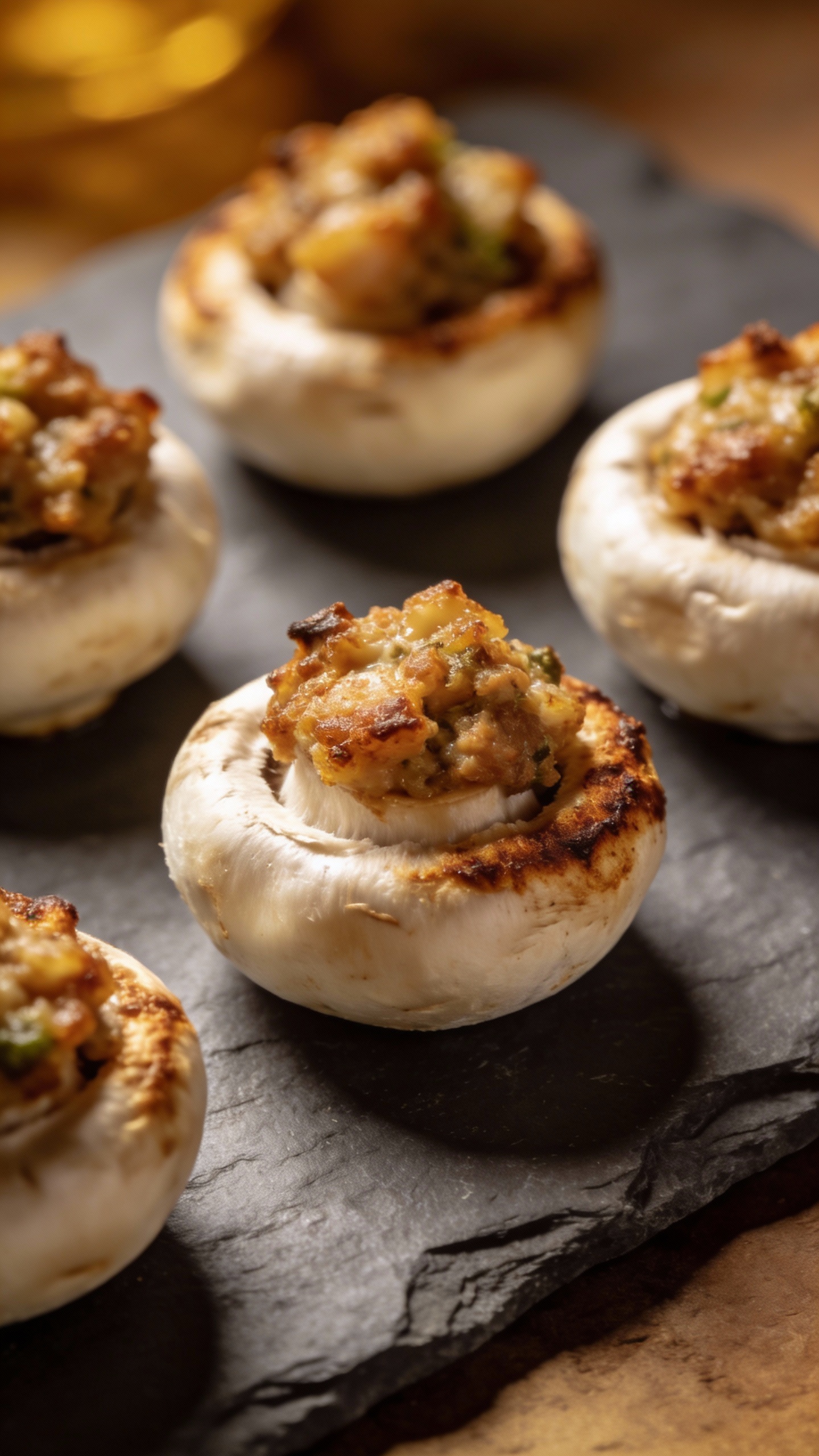 Air fryer stuffed white button mushrooms on slate board