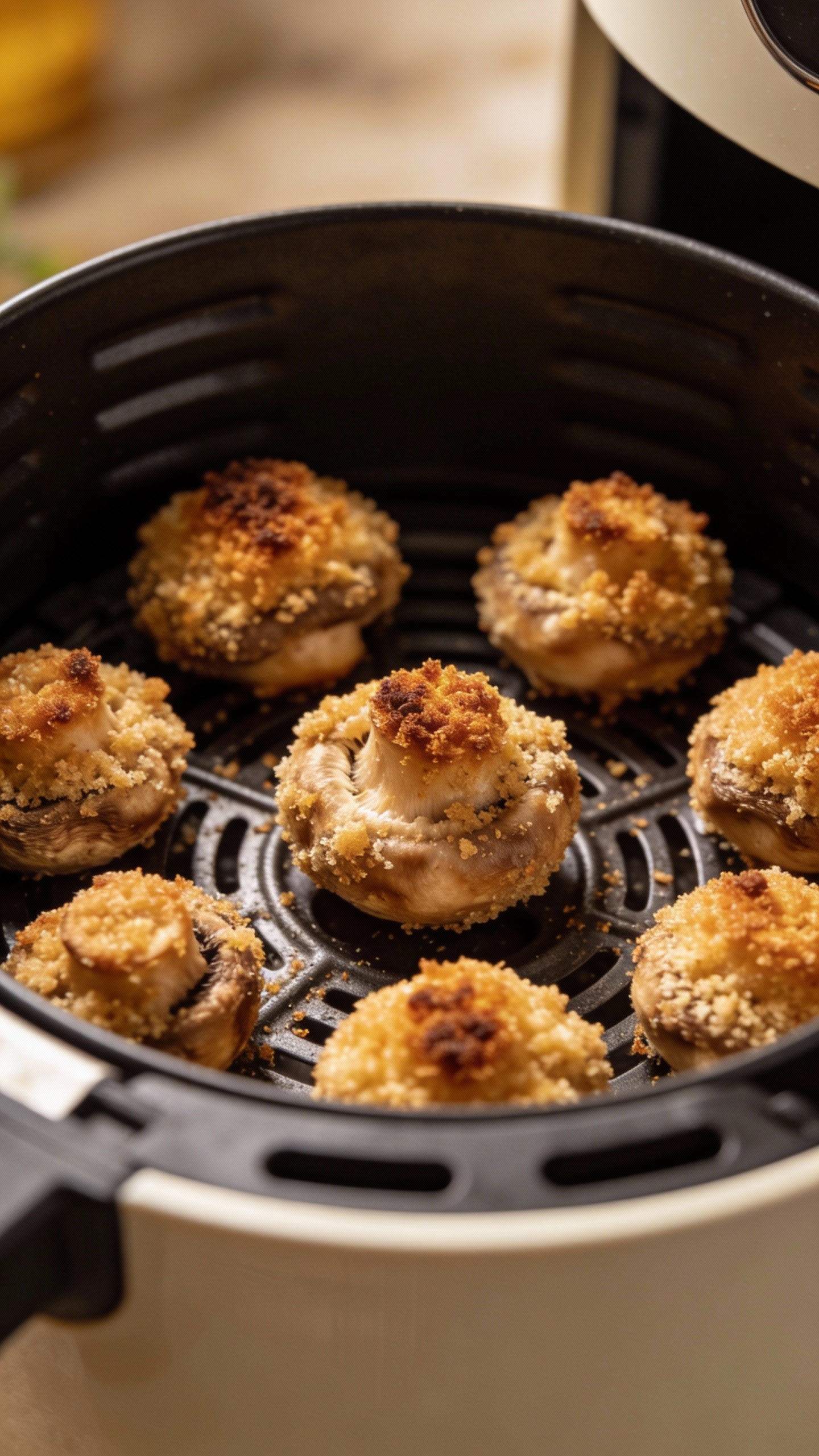 Crispy breadcrumb-topped mushrooms in air fryer basket