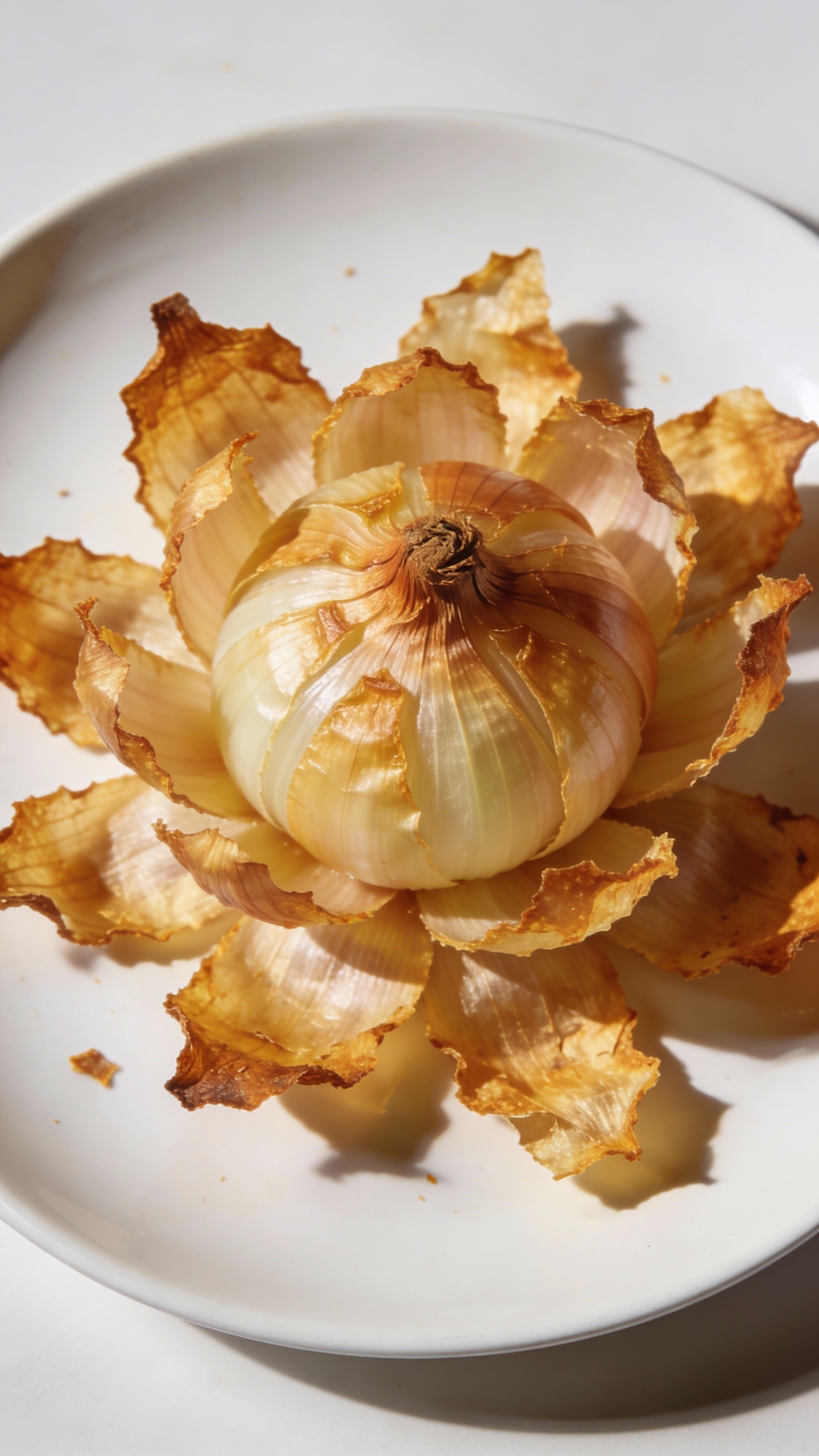 Air fryer blooming onion on white plate, shatter-crisp petals