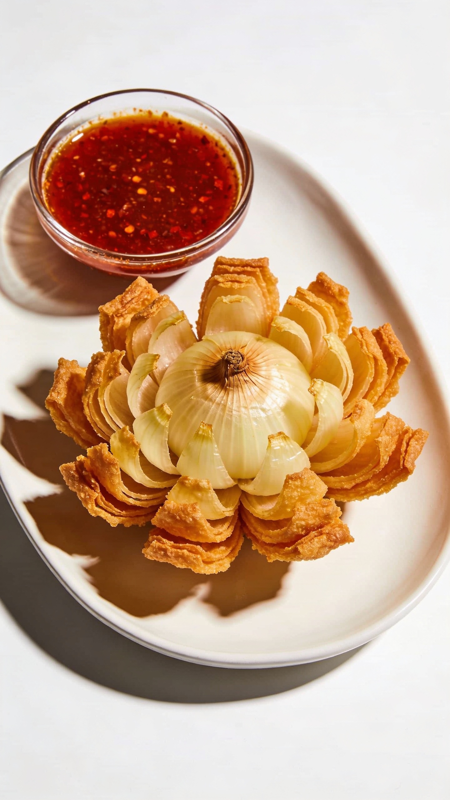 Vidalia blooming onion with spicy dipping sauce, studio lighting