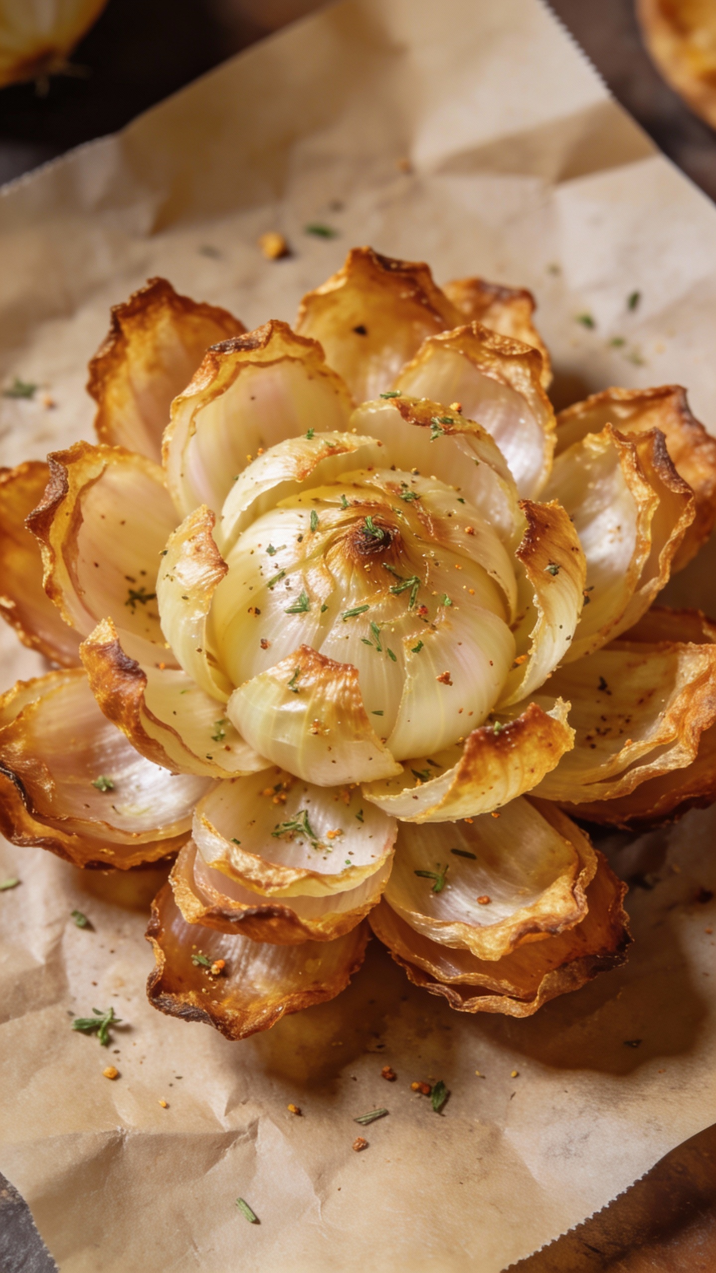 Seasoned air-fried onion bloom on parchment, overhead shot
