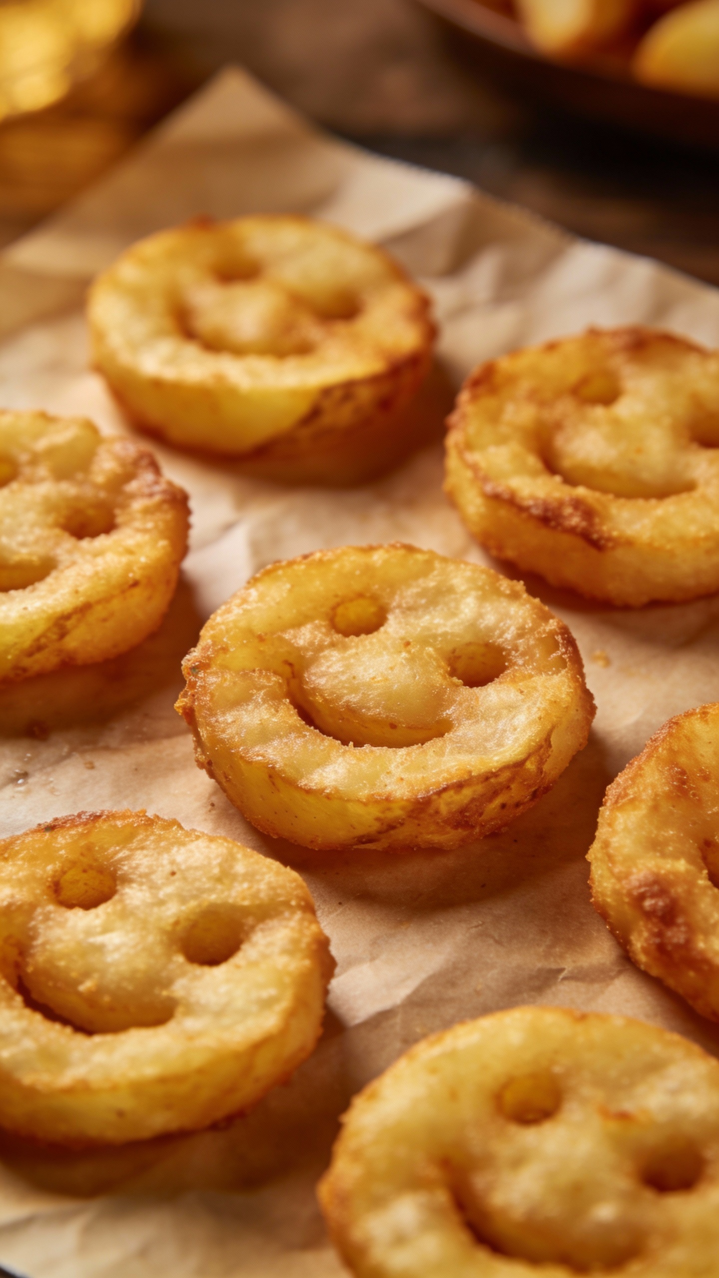 potato smiley fries on parchment, golden and crispy