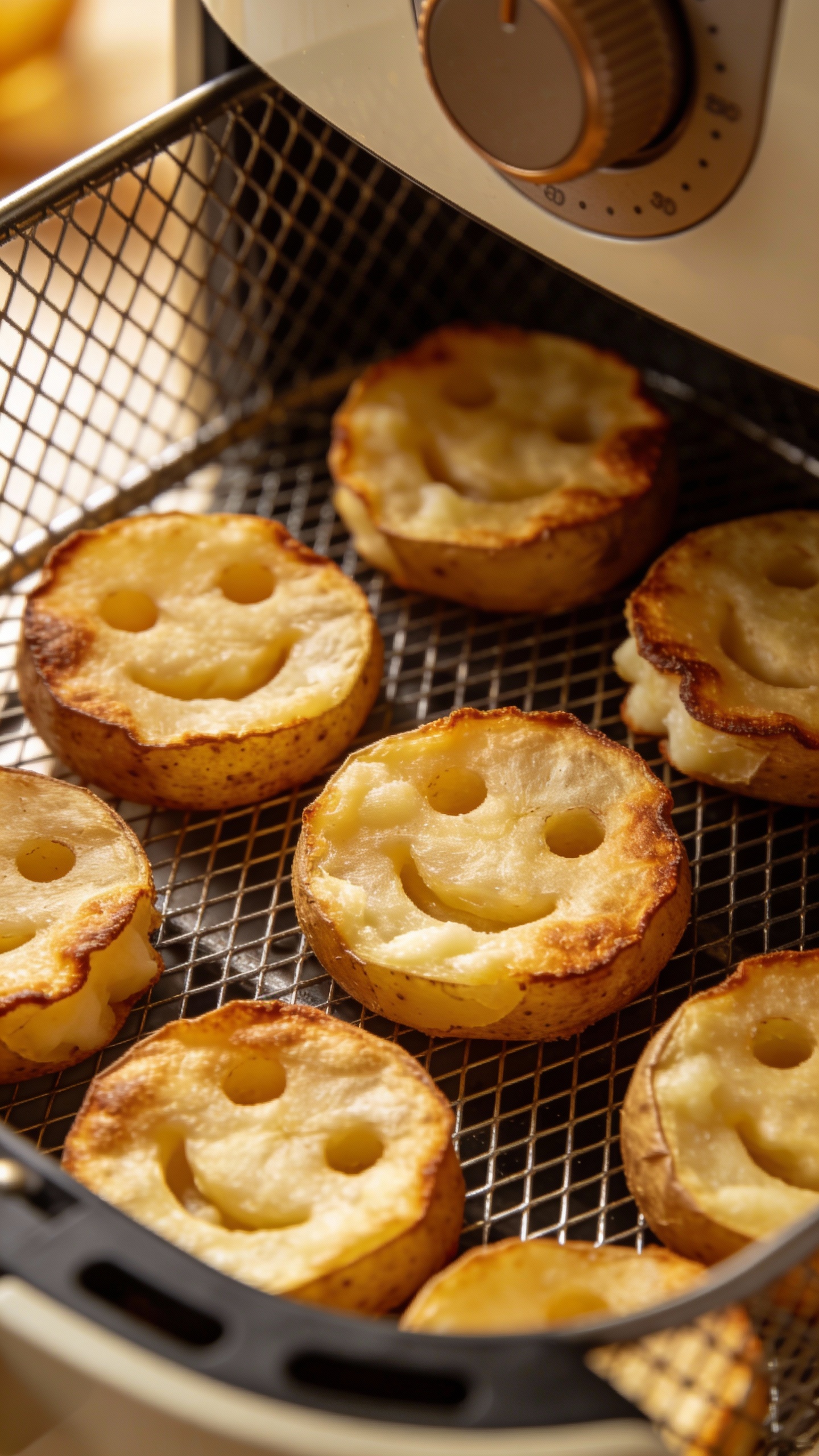 air fryer basket with baked potato smileys, close-up