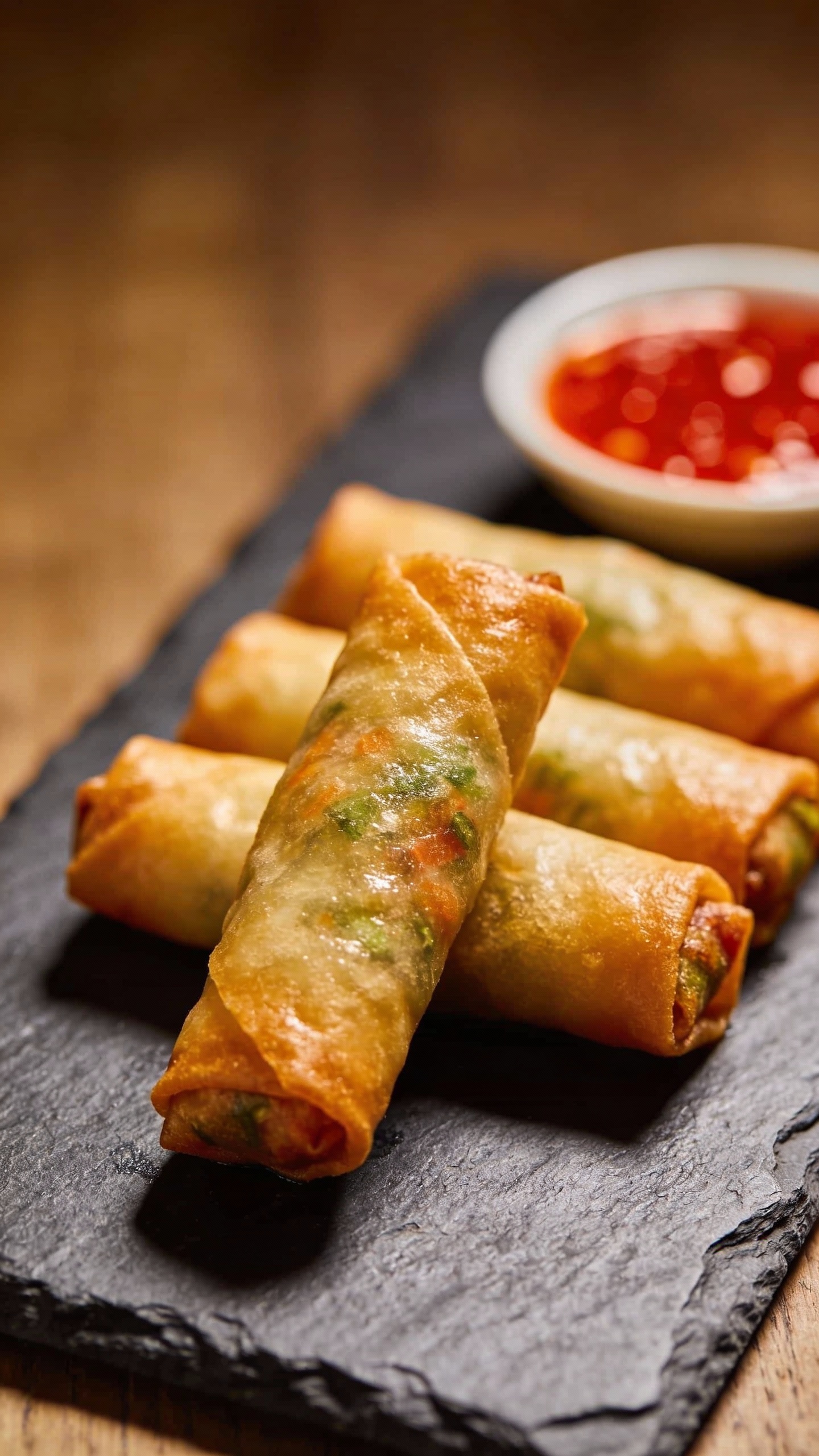 golden veggie spring rolls on slate board with chili sauce