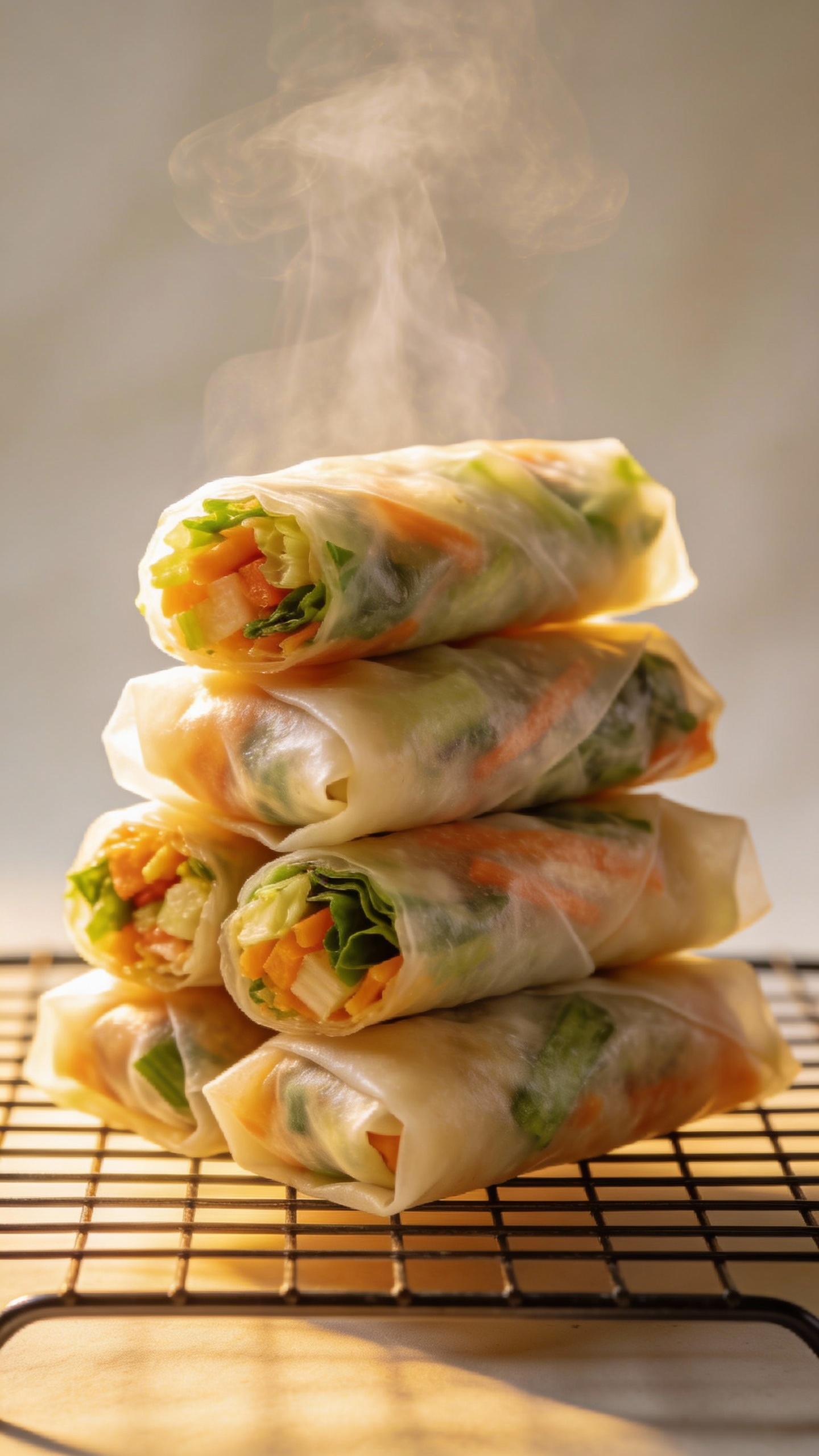 stacked veggie spring rolls on wire rack, steam rising