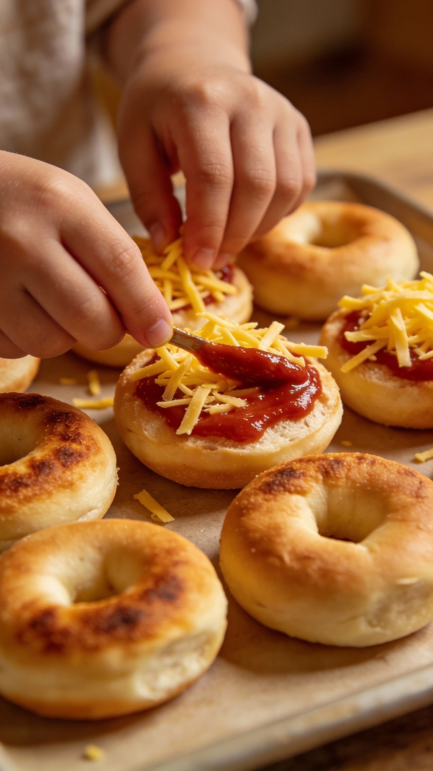 kid’s hands topping mini bagels with sauce and cheese