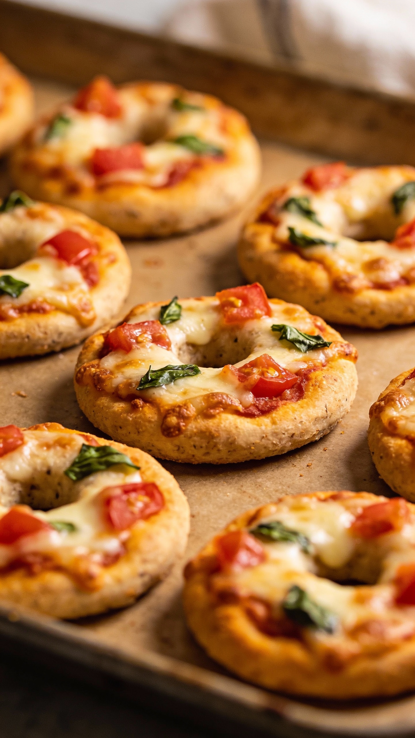 gluten-free mini pizza bagels on baking sheet, golden edges