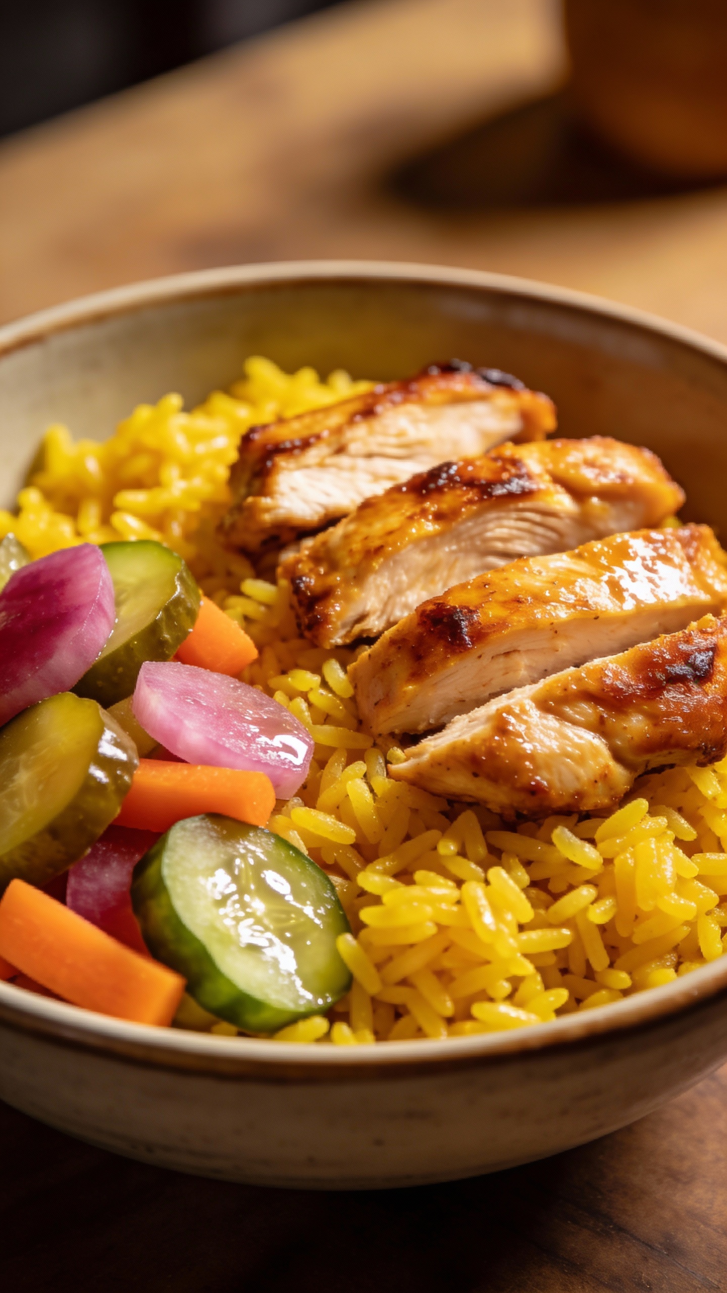 Chicken shawarma bowl with turmeric rice and pickles