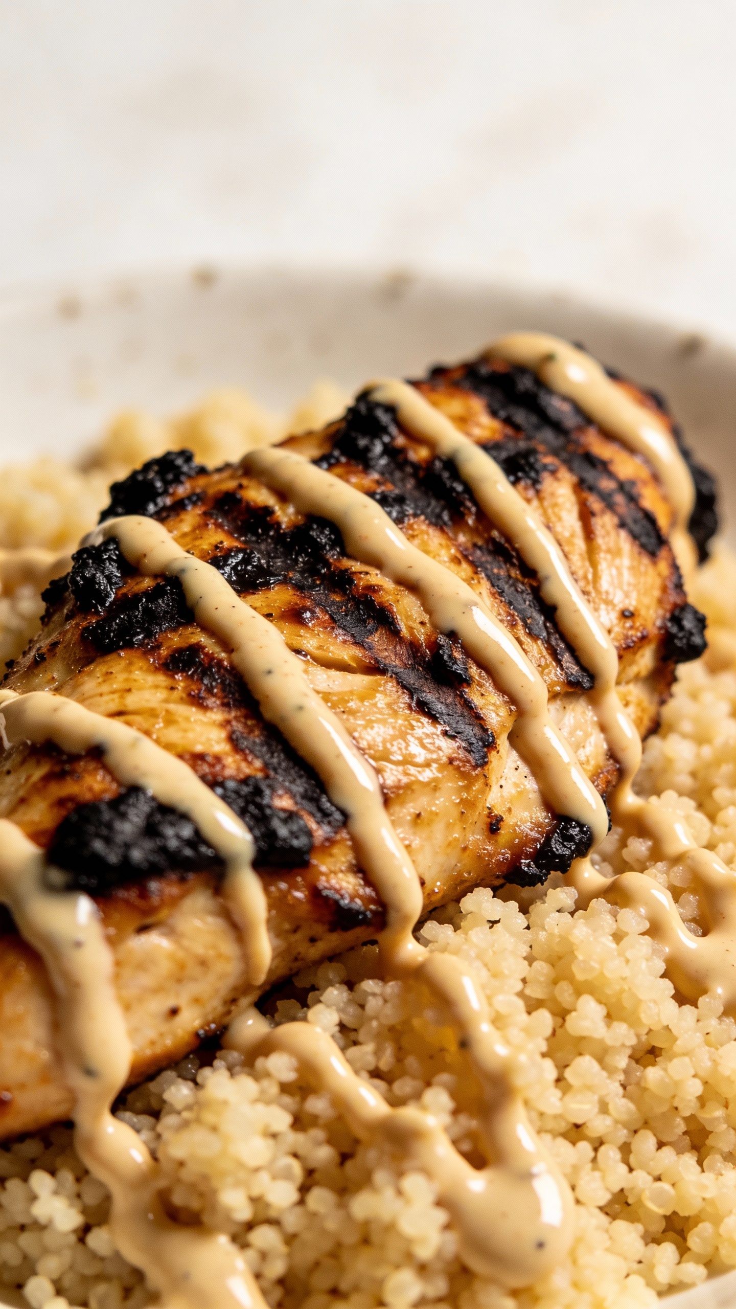 Charred shawarma chicken over couscous, tahini drizzle