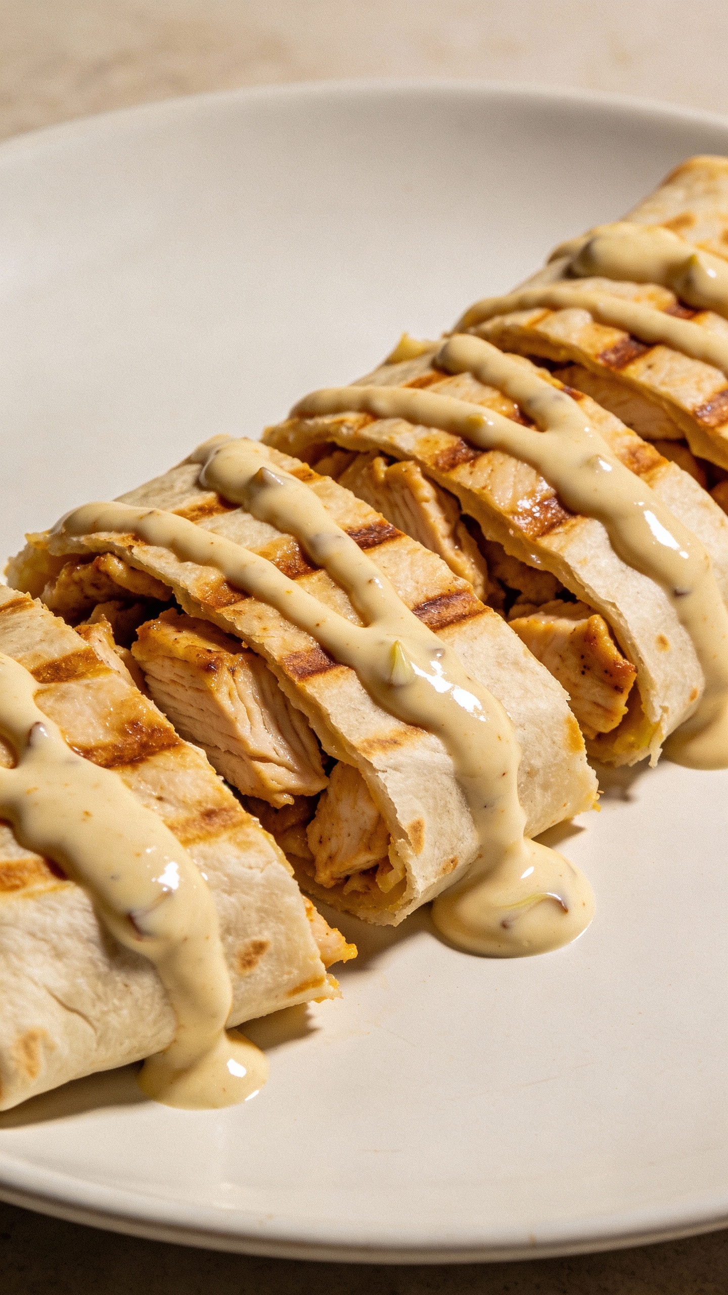 chicken shawarma wrap sliced, garlic sauce drizzle, white plate