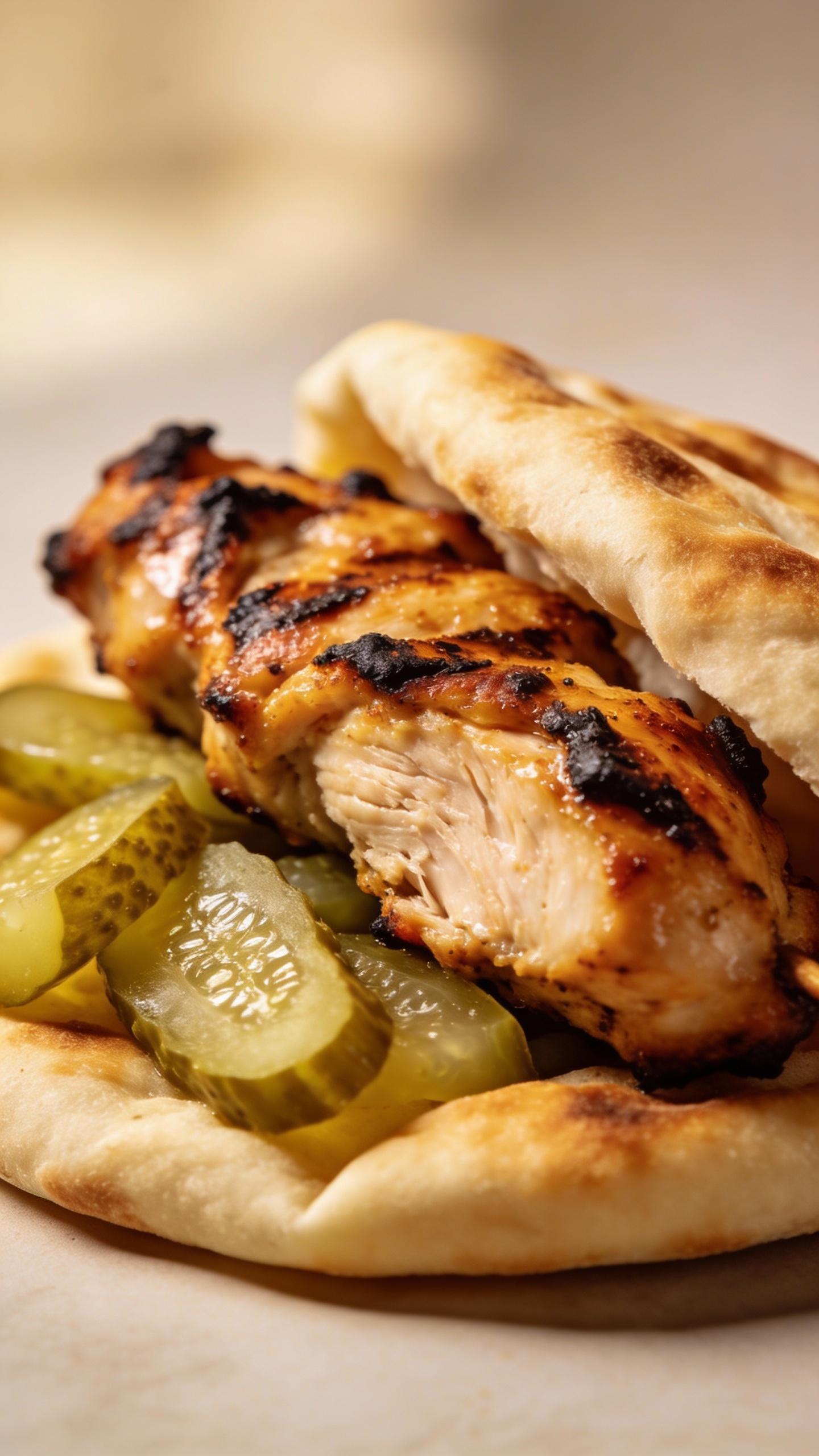 grilled shawarma chicken, warm pita, crunchy pickles, studio lighting
