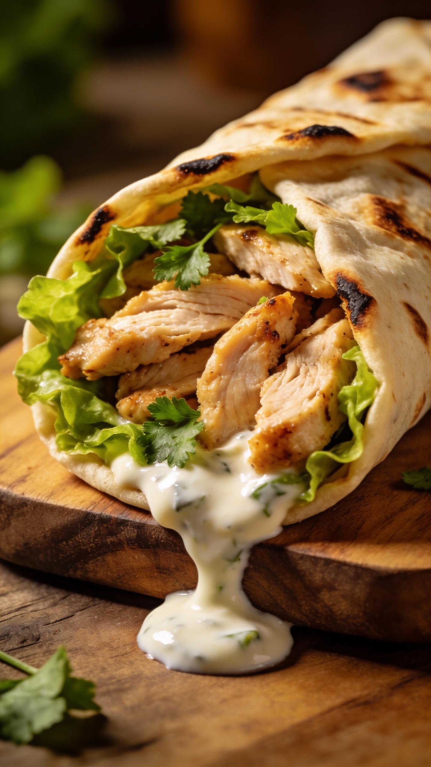 chicken shawarma wrap with extra greens, tangy yogurt sauce