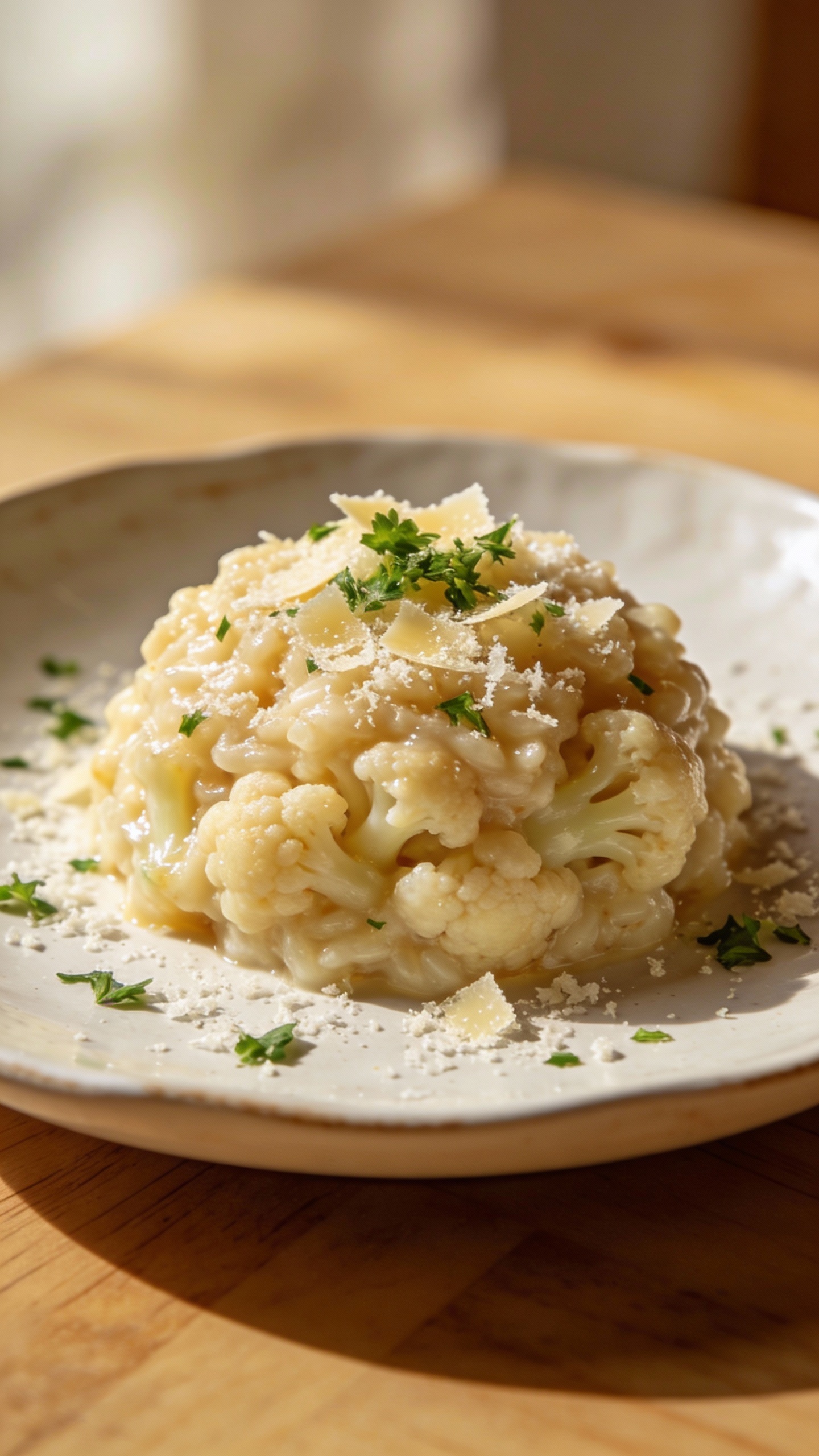 plated cauliflower risotto with parmesan and parsley garnish