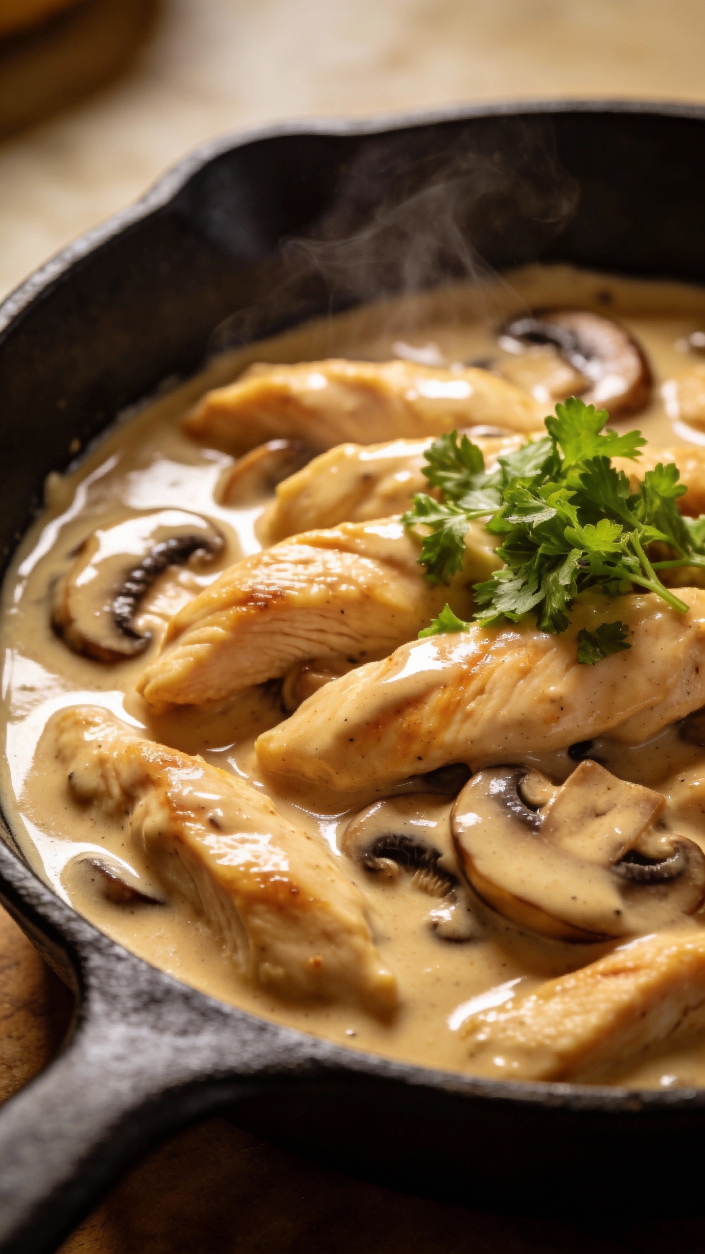 Chicken stroganoff in skillet, creamy mushroom sauce, parsley garnish