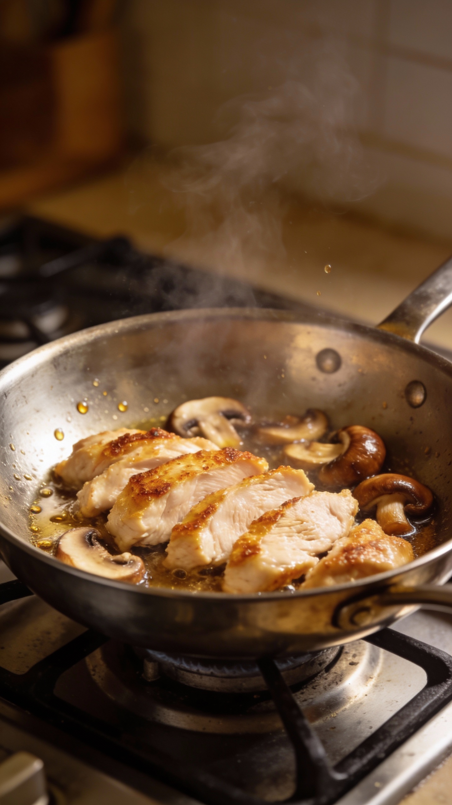 Sliced chicken and mushrooms searing in pan, golden edges