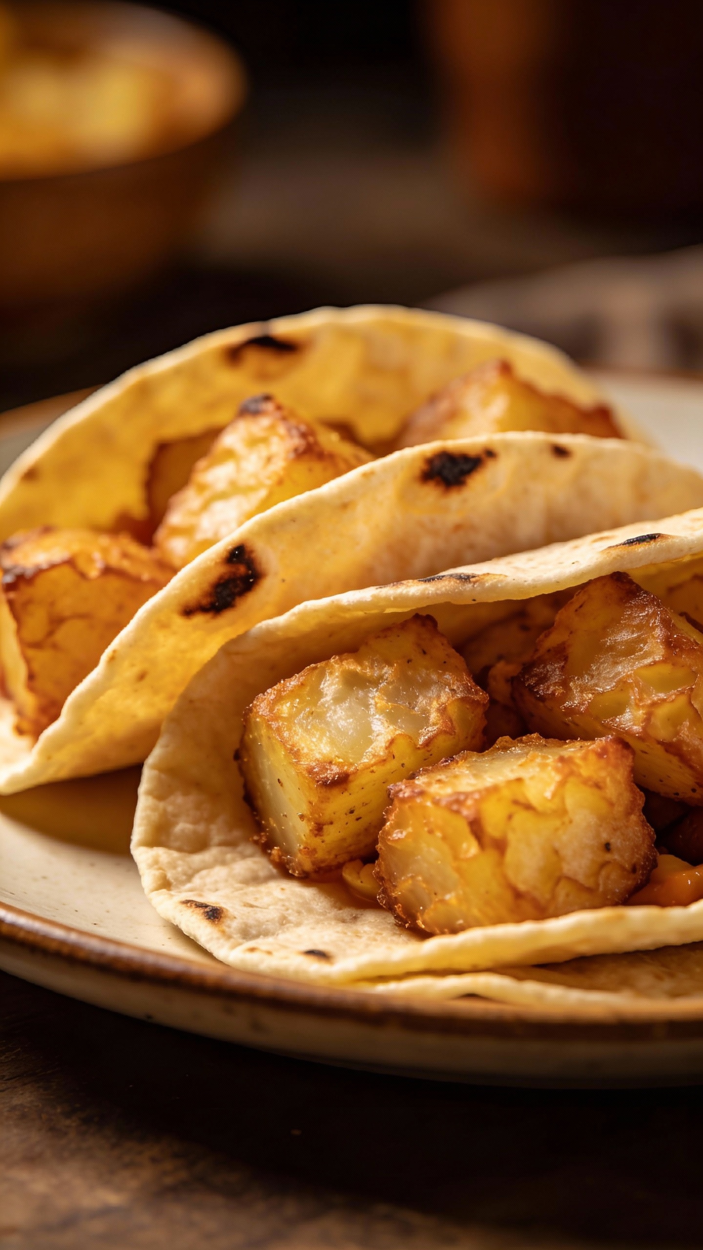 crispy potato tacos with golden craggy potatoes, corn tortillas