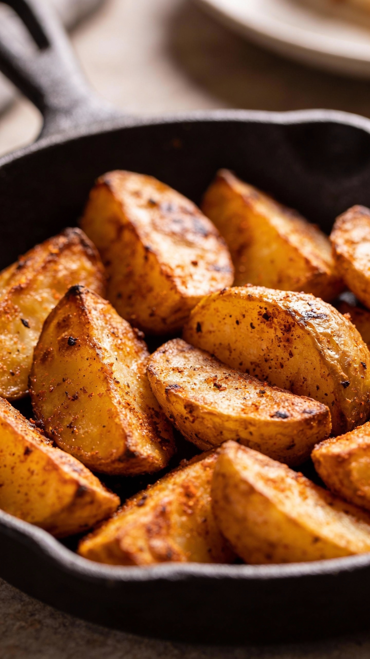 skillet-fried potatoes tossed in smoky spices, overhead shot