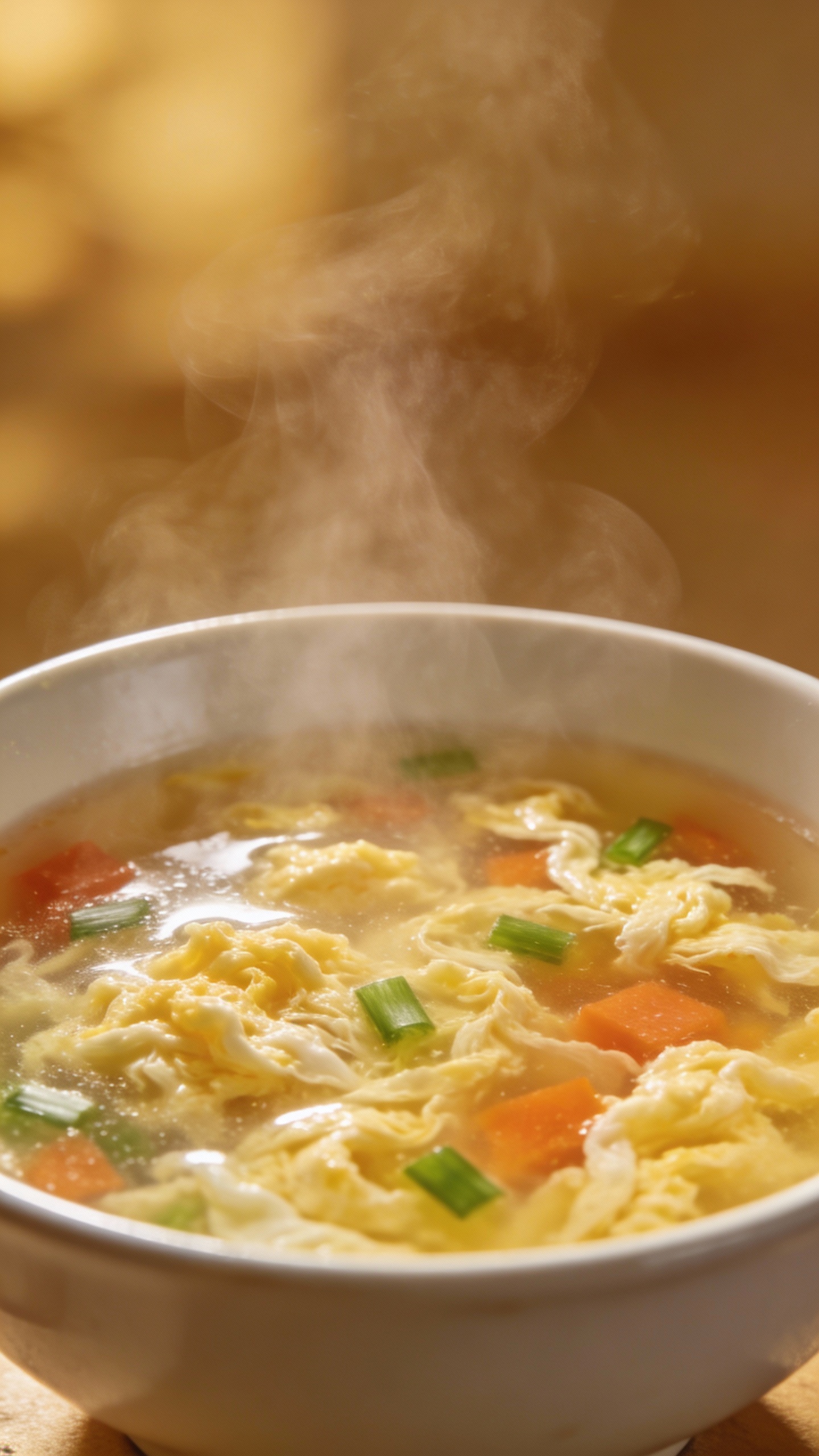 steaming veggie egg drop soup in white bowl