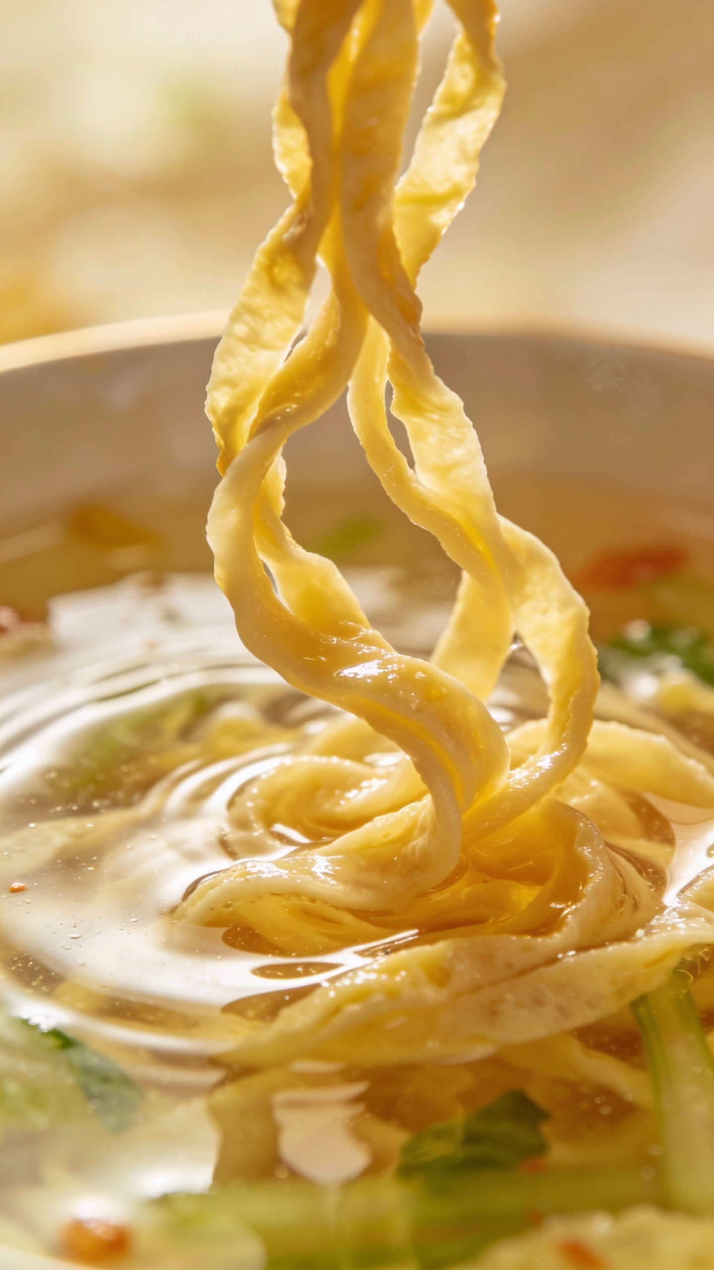 swirling egg ribbons in vegetable broth close-up