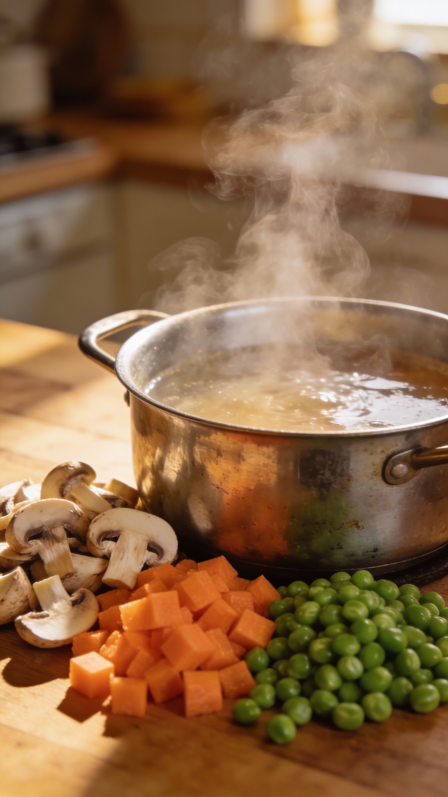 chopped mushrooms, carrots, and peas beside simmering pot