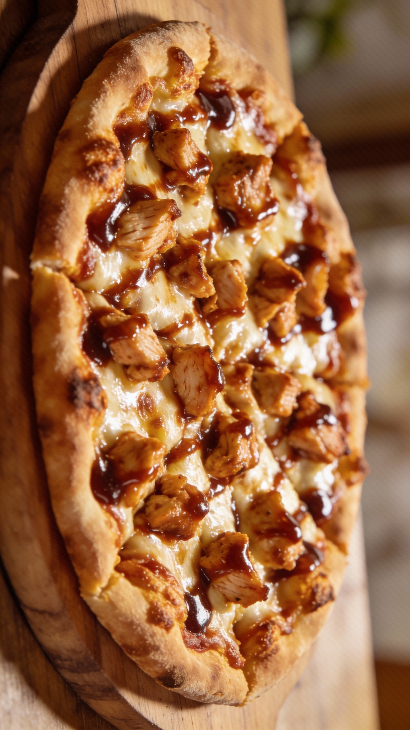 BBQ chicken flatbread pizza on wooden board, crispy edges