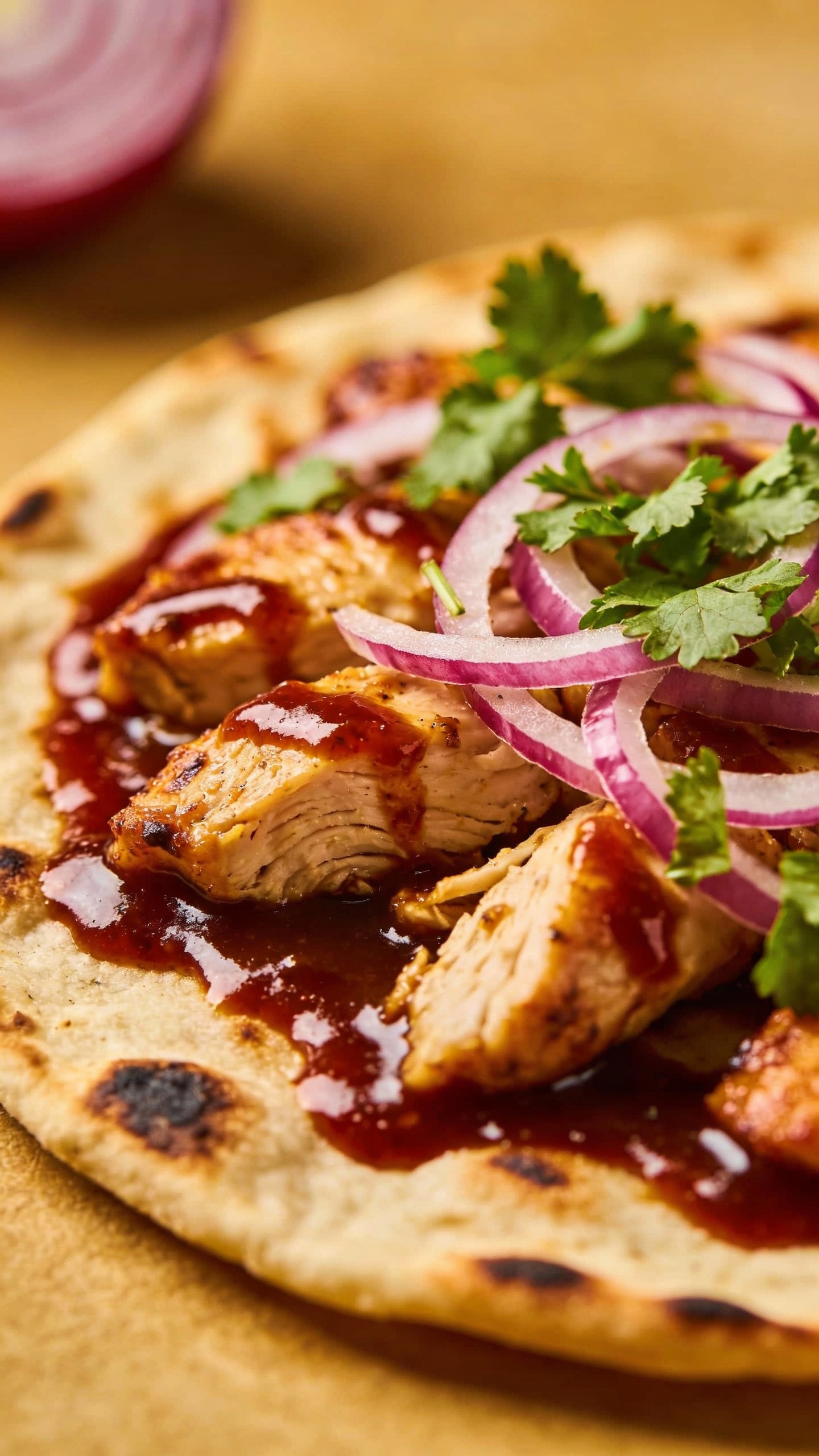 Flatbread with BBQ sauce, rotisserie chicken, red onion, cilantro