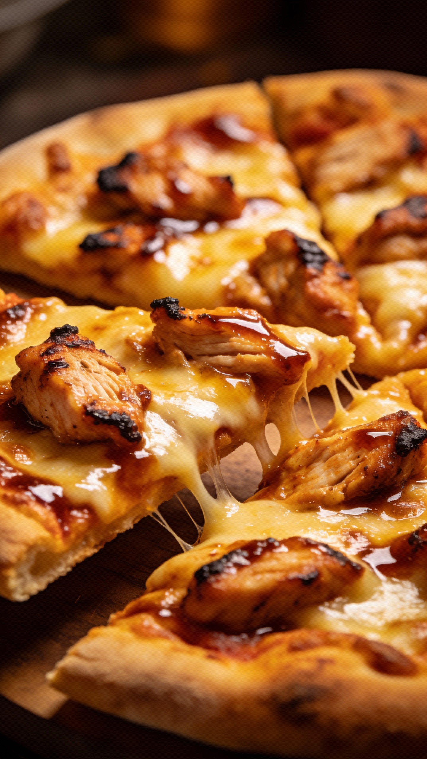Sliced BBQ chicken flatbread, melted cheese, smoky glaze close-up