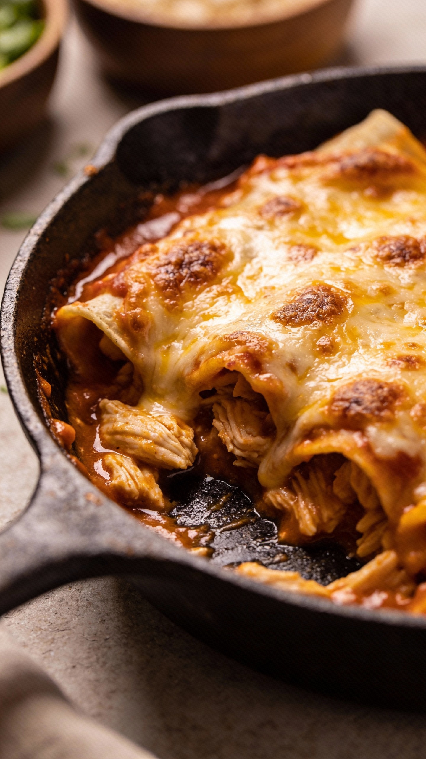 chicken enchilada bake in cast-iron skillet, gooey cheese top
