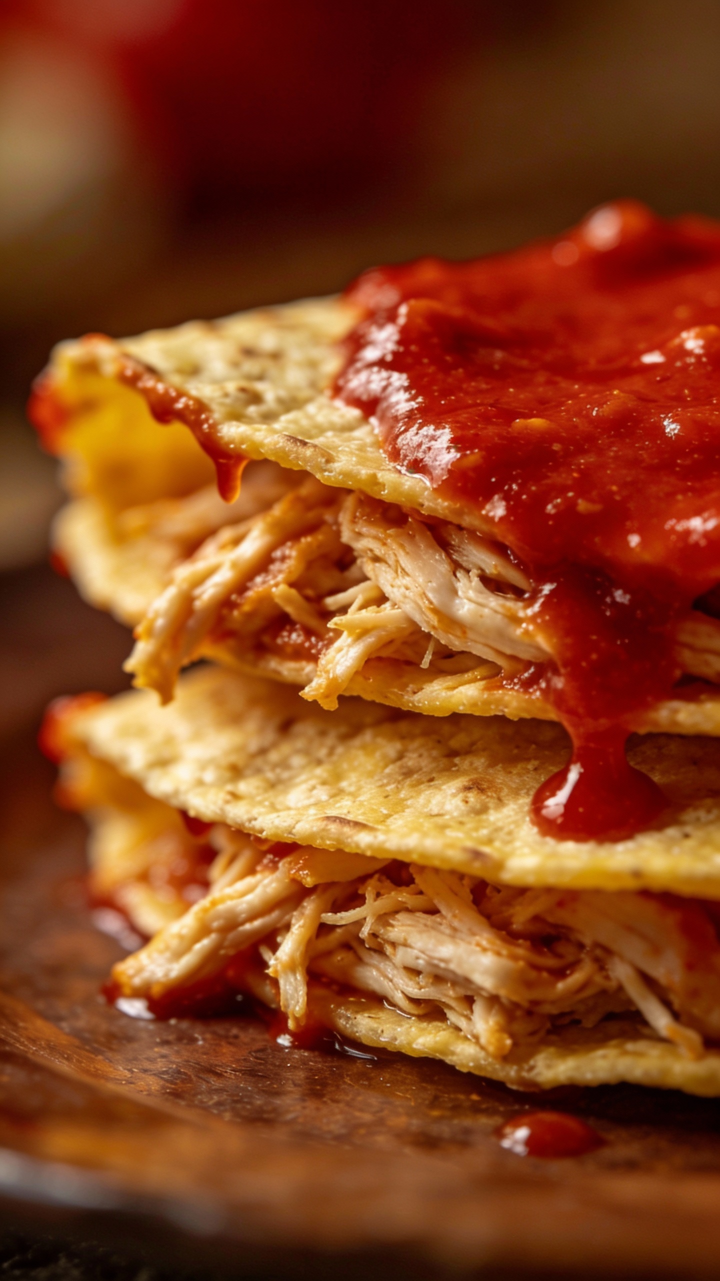 layered corn tortillas and shredded chicken, red enchilada sauce