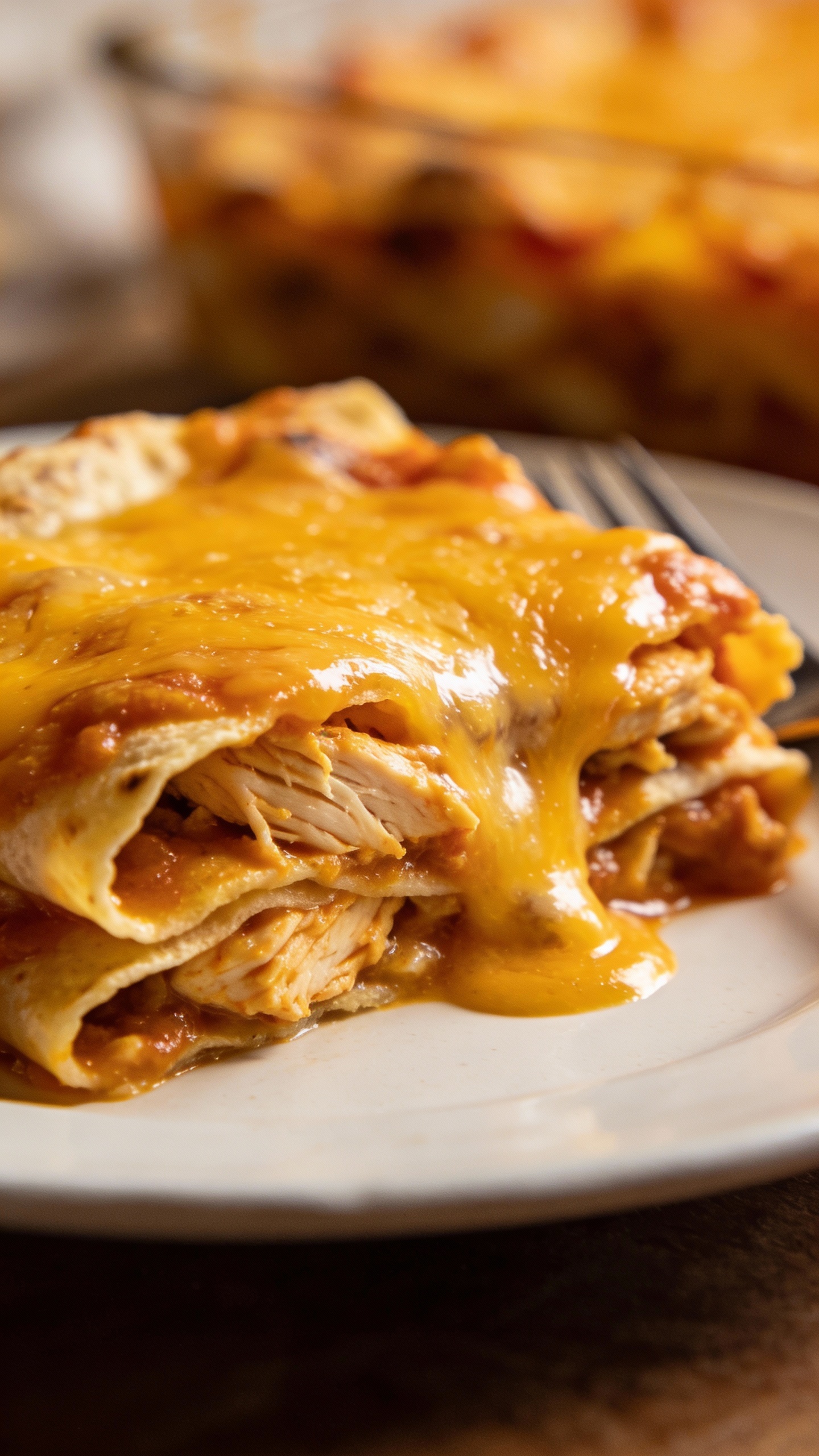 slice of chicken enchilada bake on white plate, melted cheddar
