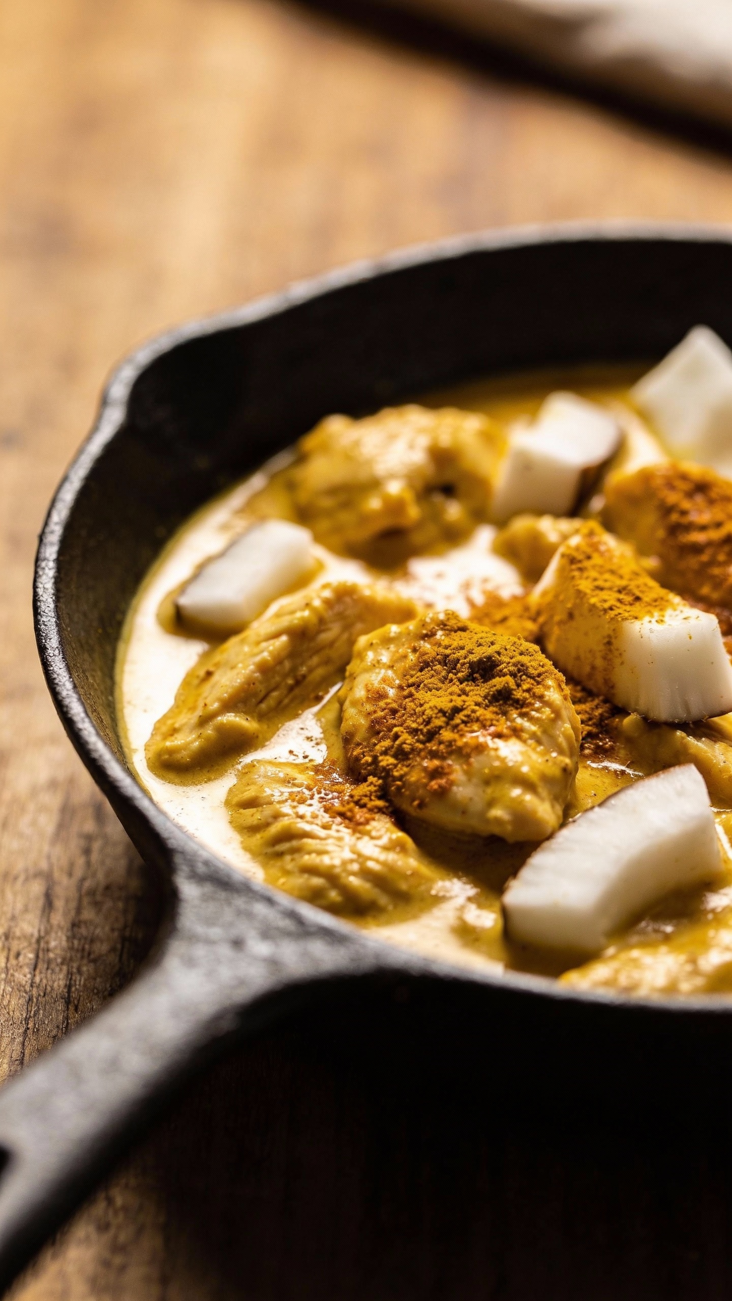 chicken coconut curry in skillet, turmeric-cumin garnish
