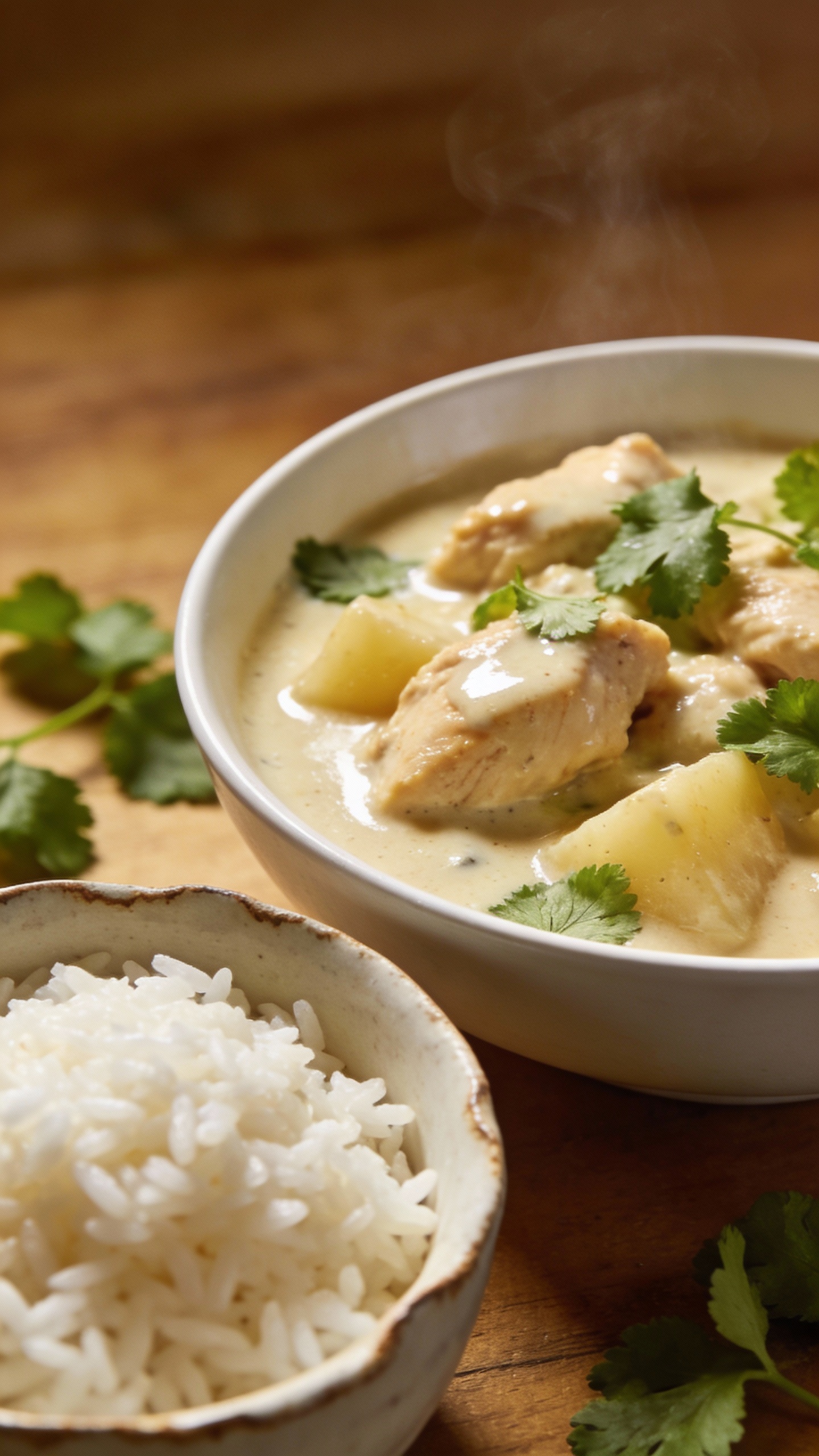 steamed rice beside creamy coconut chicken curry, cilantro
