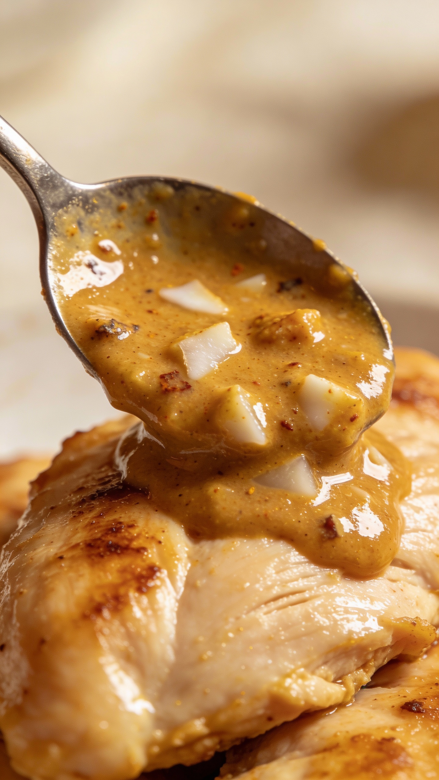 close-up spoonful of coconut curry sauce on chicken