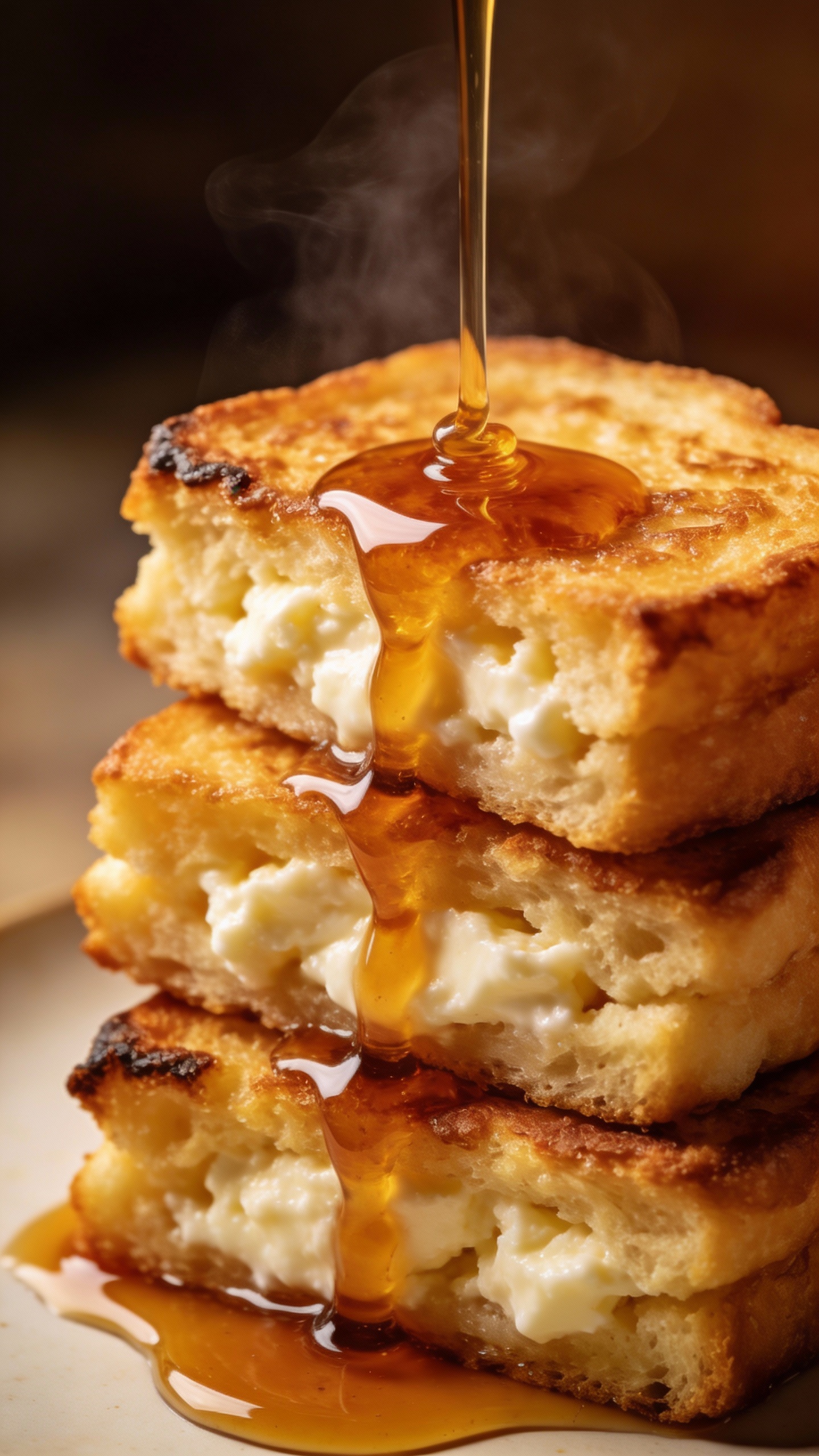 golden cottage cheese French toast stack with maple drizzle