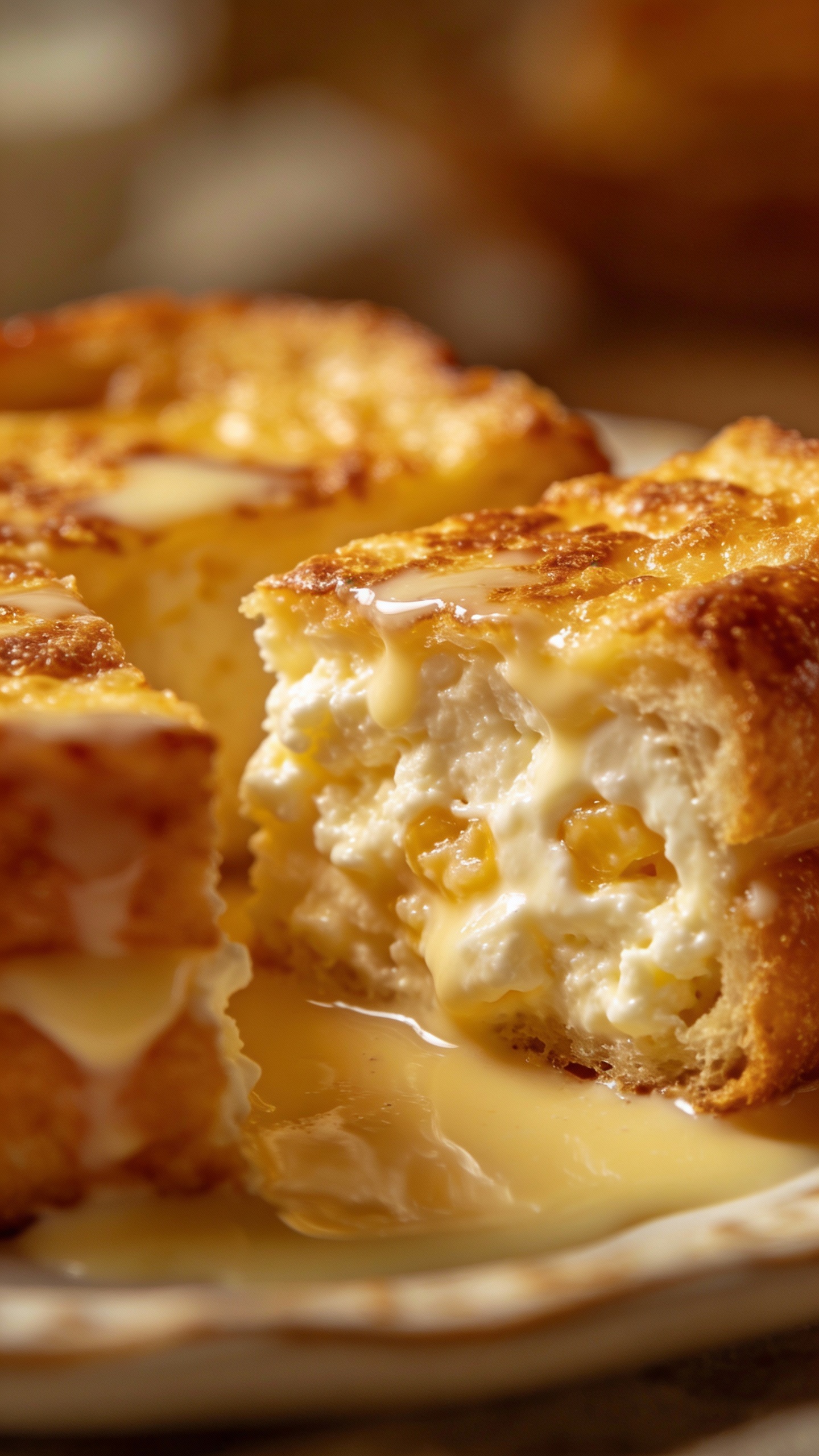 sliced custardy French toast showing fluffy cottage cheese interior