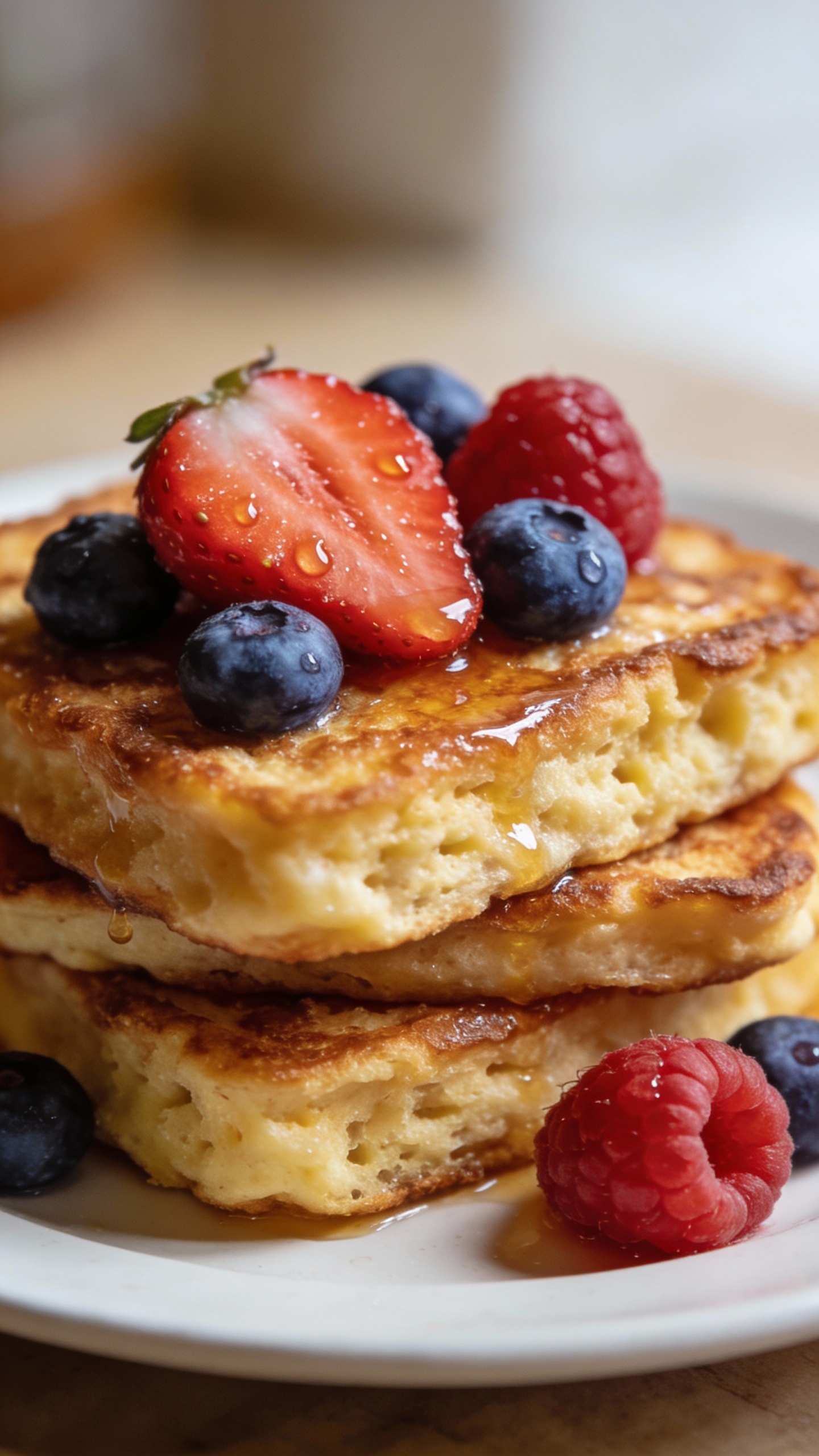 Protein French toast stack with berries on white plate