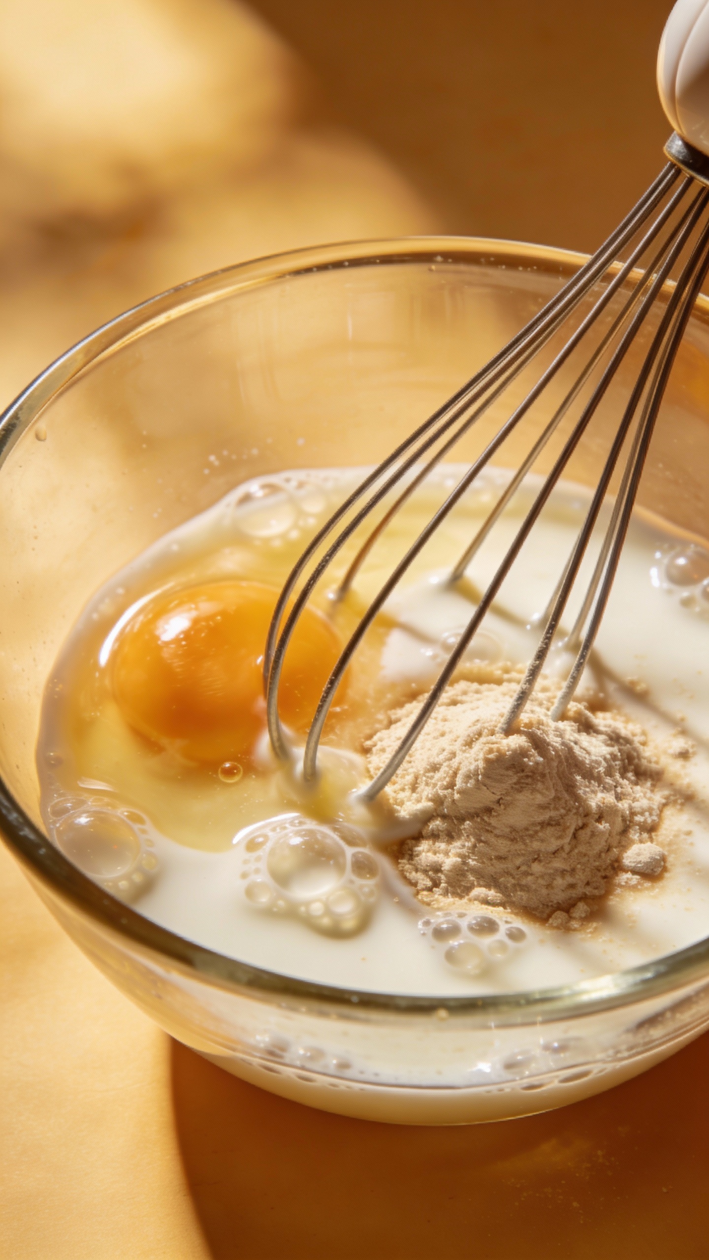 Egg, milk, and protein powder whisked in glass bowl
