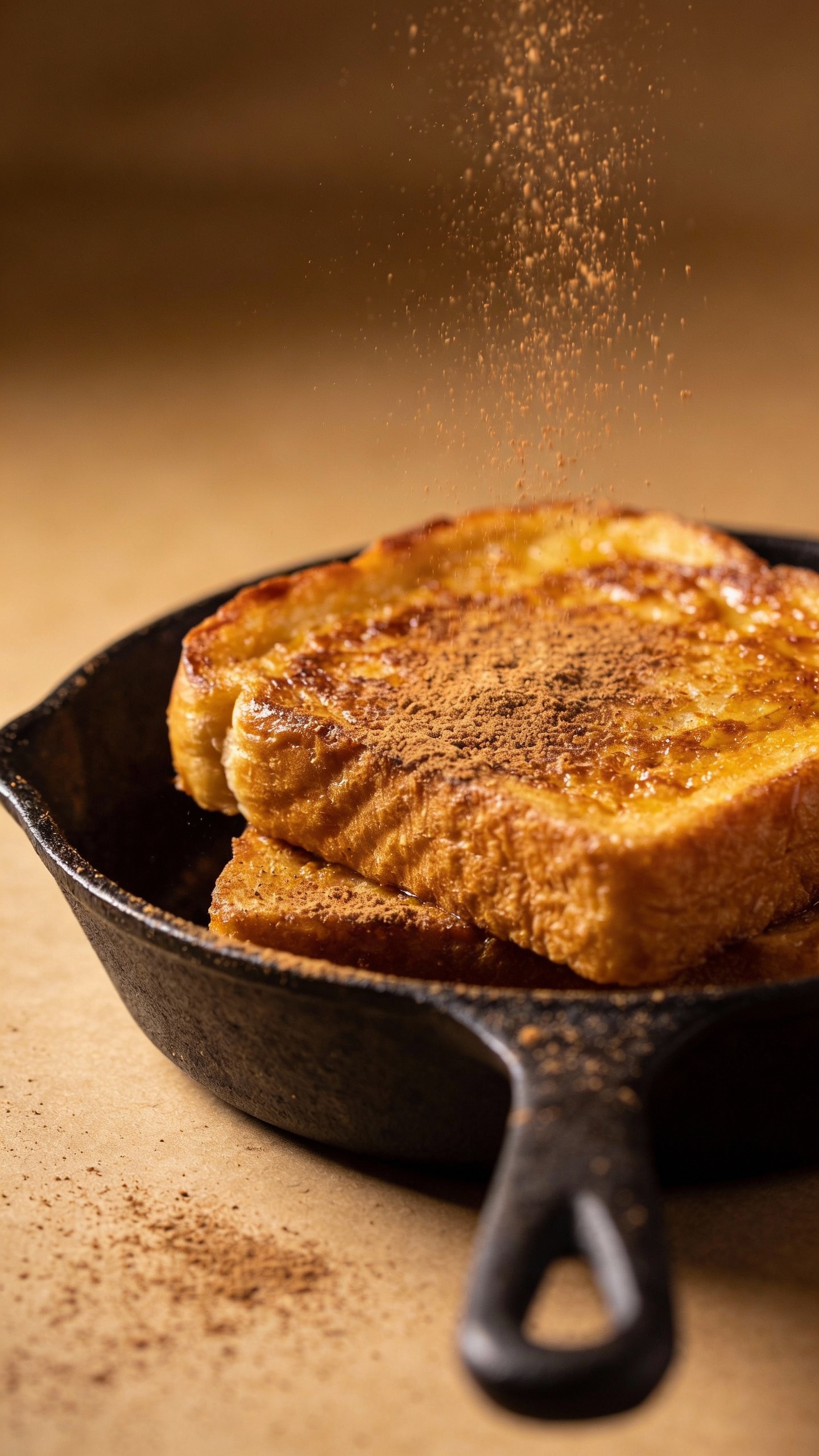 Golden French toast in skillet with cinnamon dusting