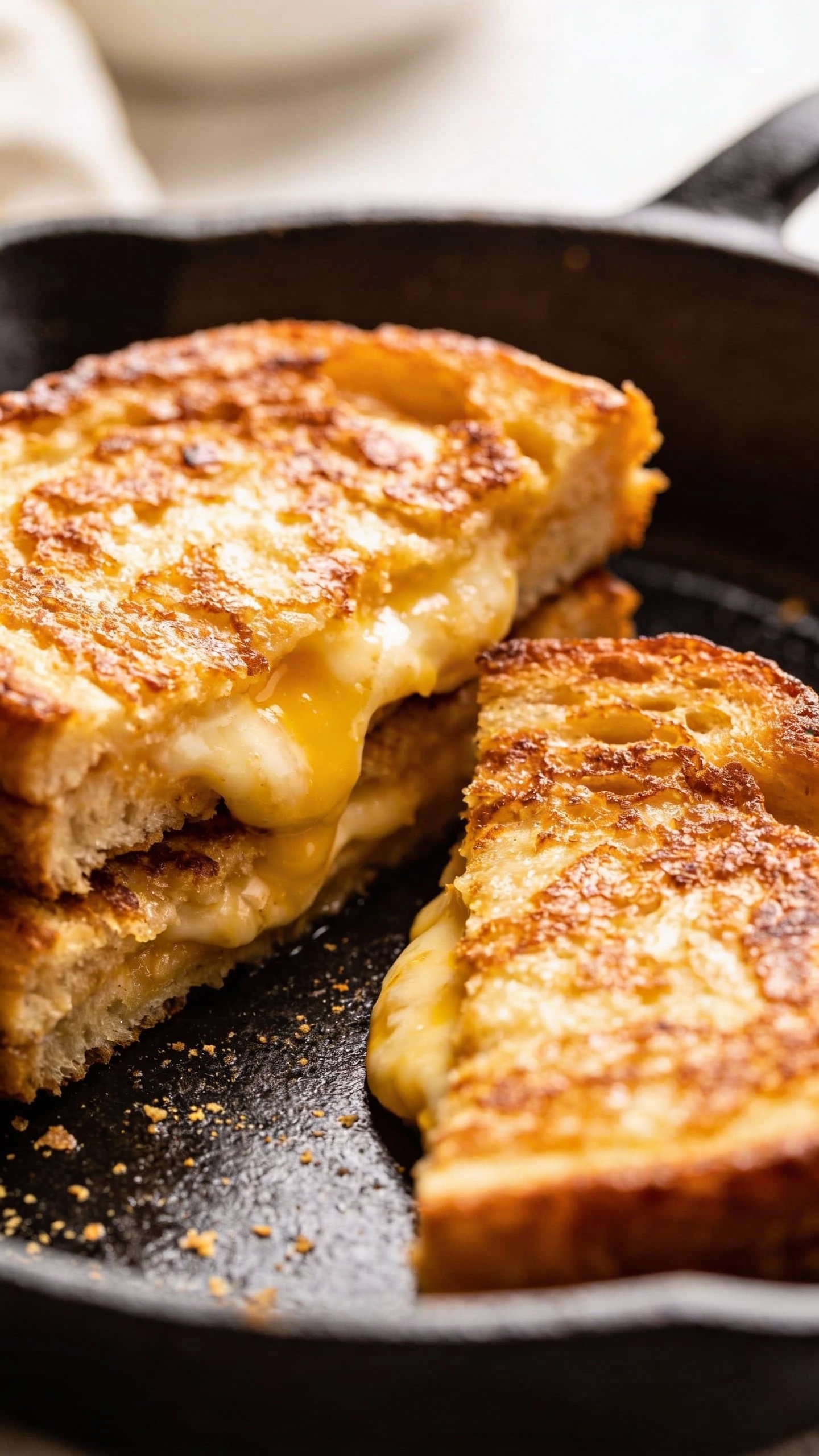 Golden French toast slices with custardy center, skillet close-up