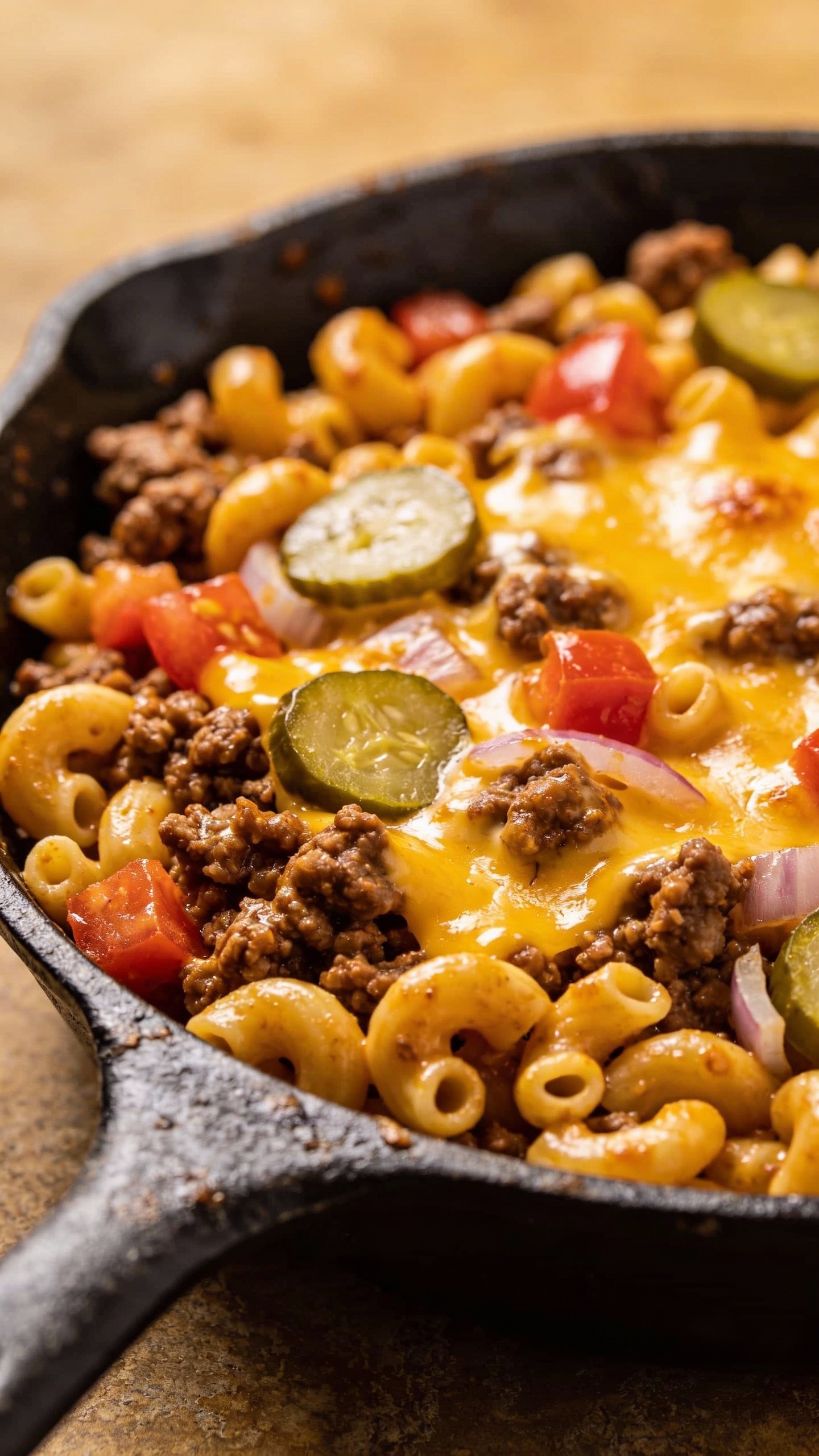 One-pot cheeseburger pasta in cast-iron skillet