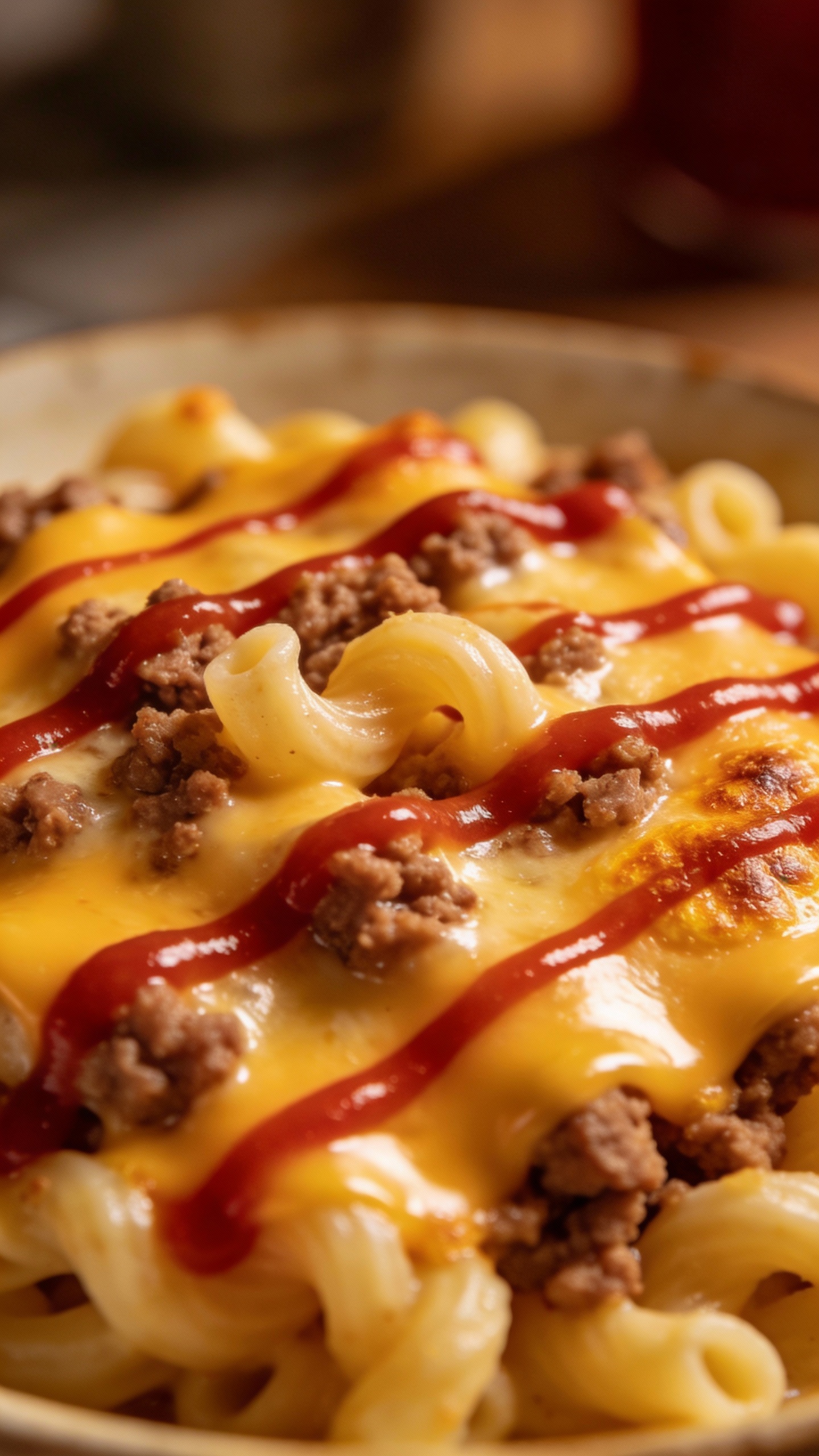 Creamy pasta with ground beef, melted cheddar, ketchup drizzle