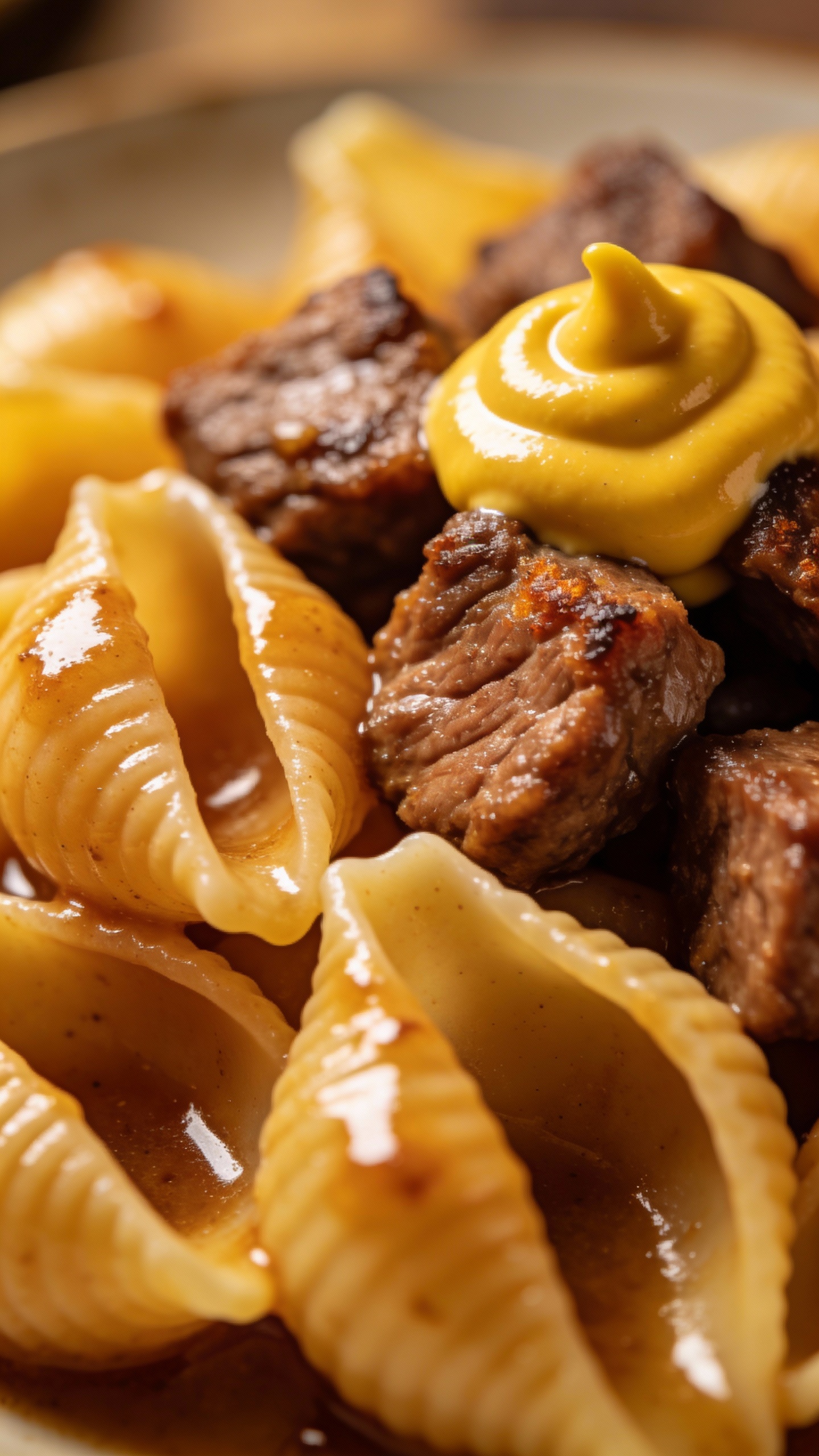 Close-up: saucy pasta shells, browned beef, mustard swirl