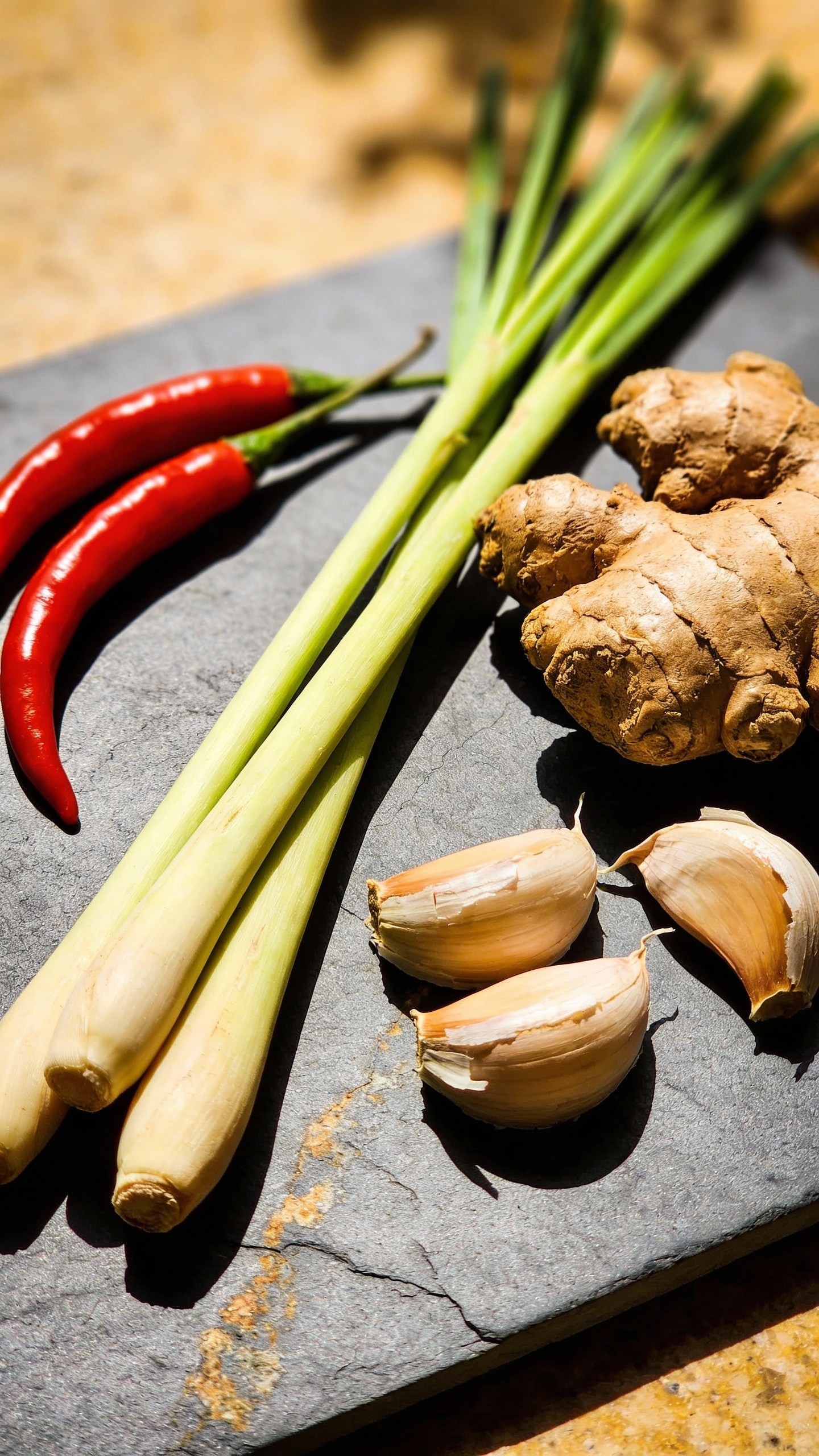 fresh lemongrass, ginger, garlic, and chilis on slate board